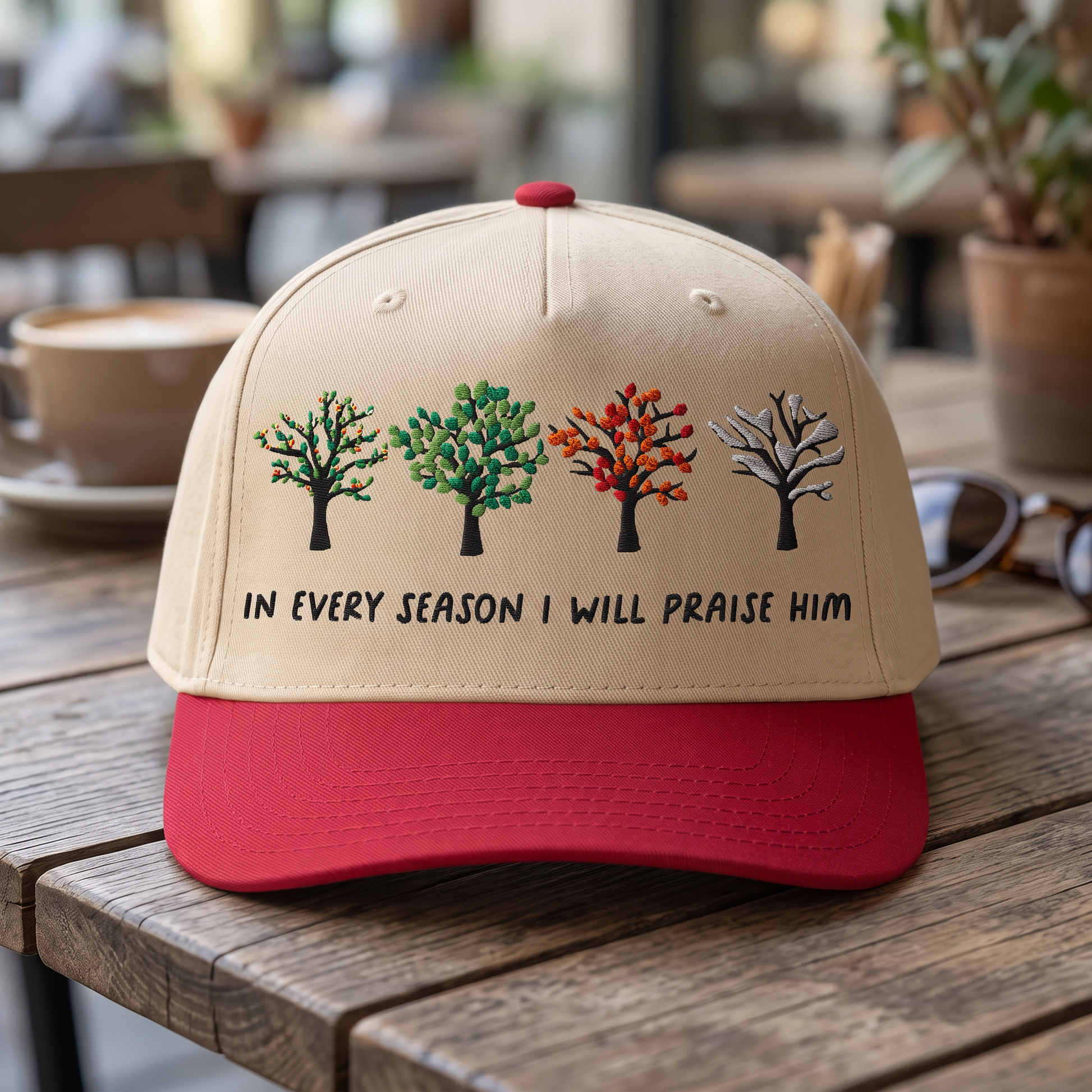 Bible Verse Quote embroidered hat in Red/natural resting on a flat surface