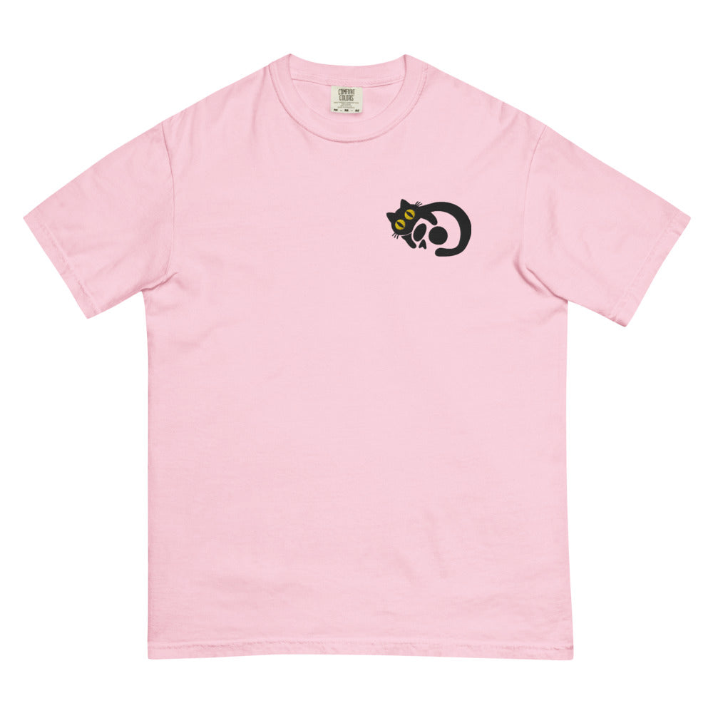 Black Cat Skull graphic on Comfort Colors 1717 in Blossom