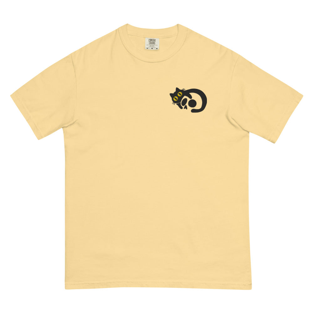 Black Cat Skull graphic on Comfort Colors 1717 in Butter
