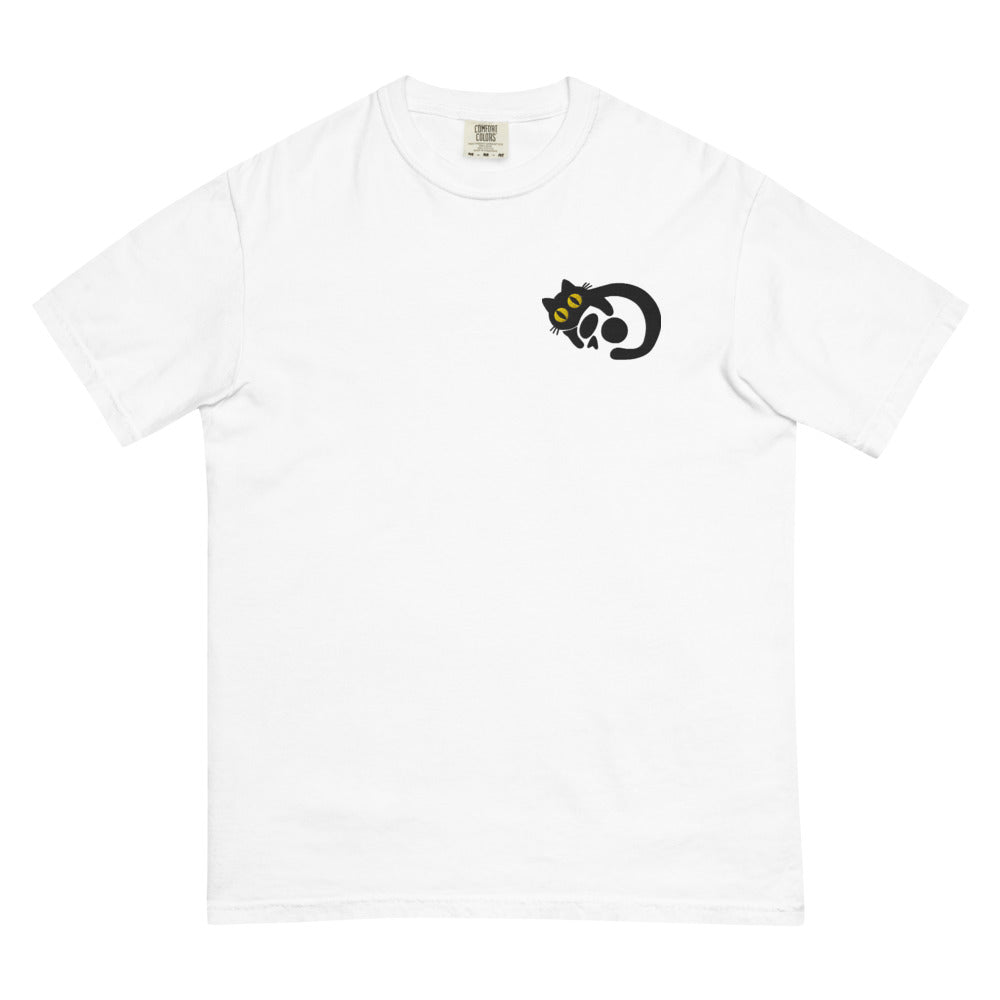 Black Cat Skull graphic on Comfort Colors 1717 in White