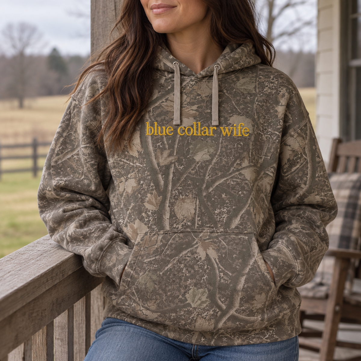 Model wearing the Blue Collar Wife heavyweight hoodie in Light Tree Camo, lifestyle image 2