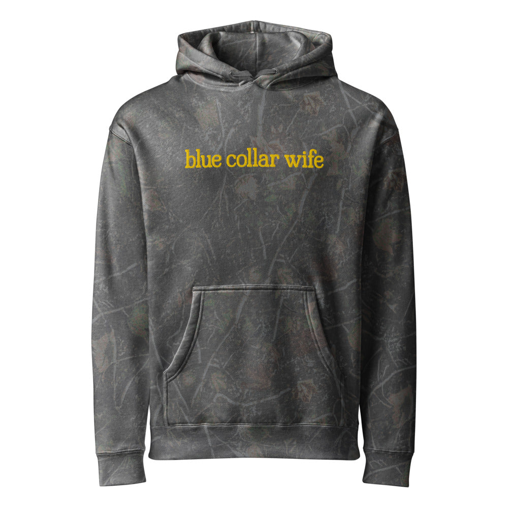 Blue Collar Wife graphic on Independent Trading Co. IND4000 in Dark Tree Camo