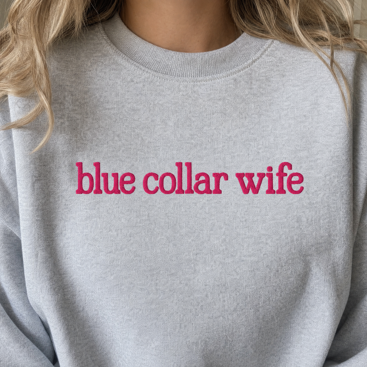 Model wearing the Blue Collar Wife sweatshirt in Ash, lifestyle image 2