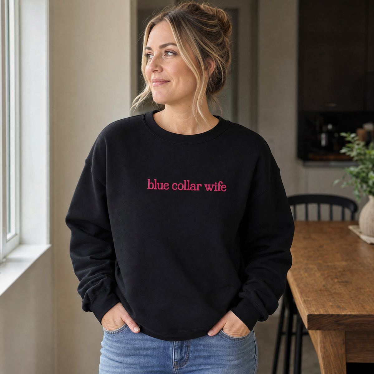 Model wearing the Blue Collar Wife sweatshirt in Black, cover image 1