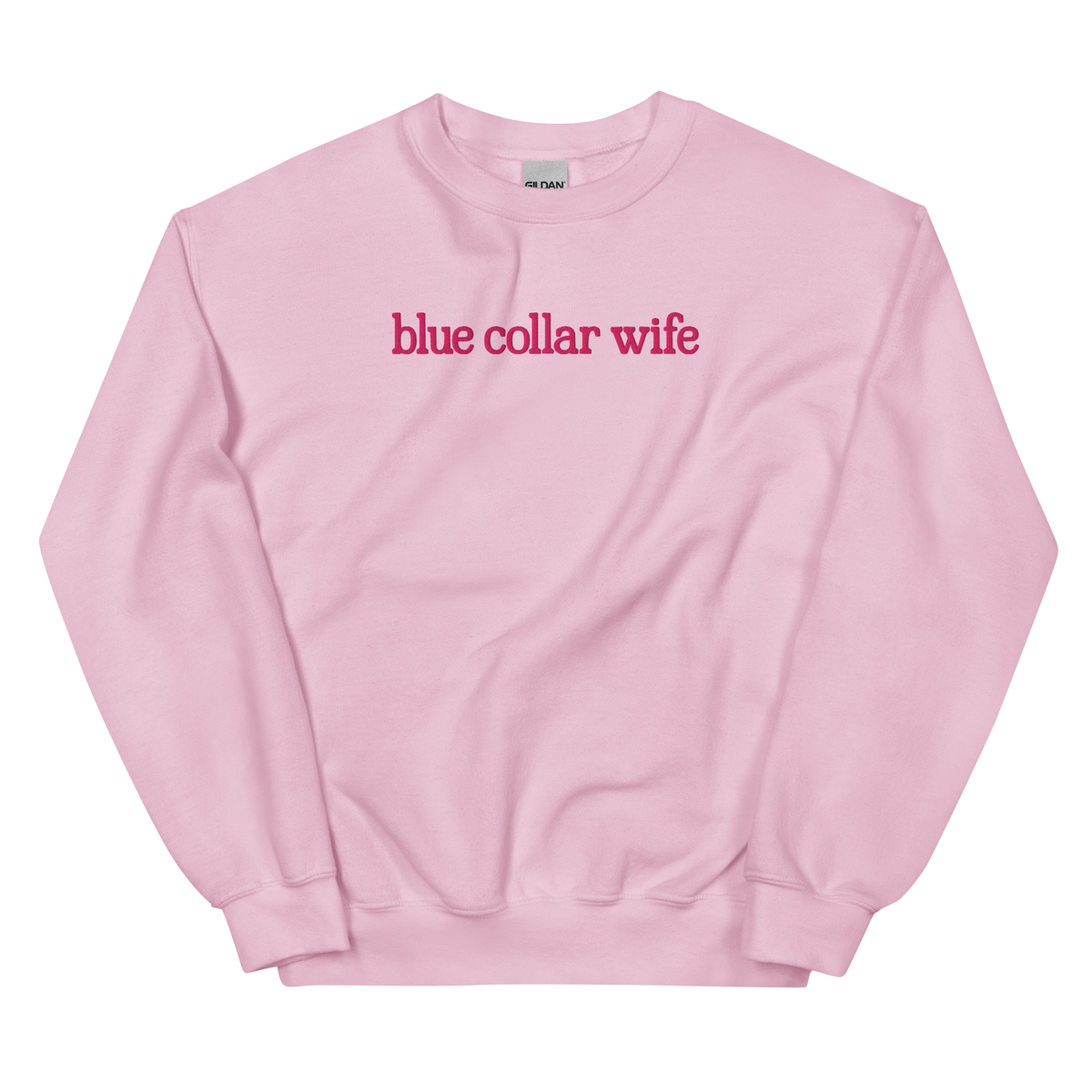 Blue Collar Wife graphic on Gildan 18000 in Light Pink