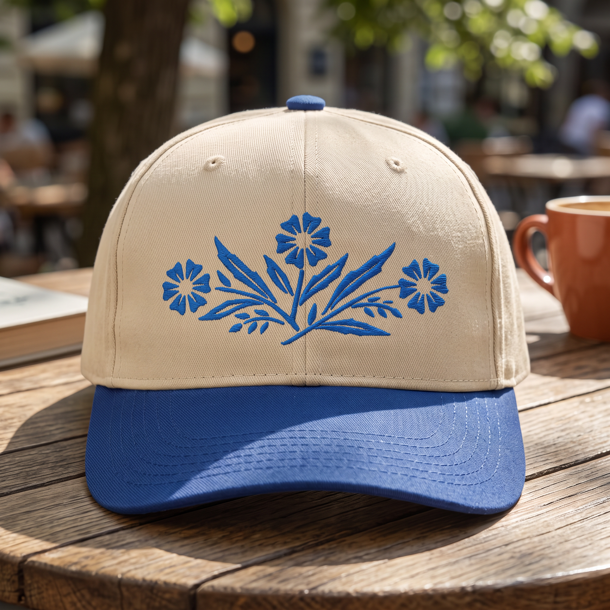 Classic CorningWare Pattern embroidered hat in Royal/natural resting on a flat surface