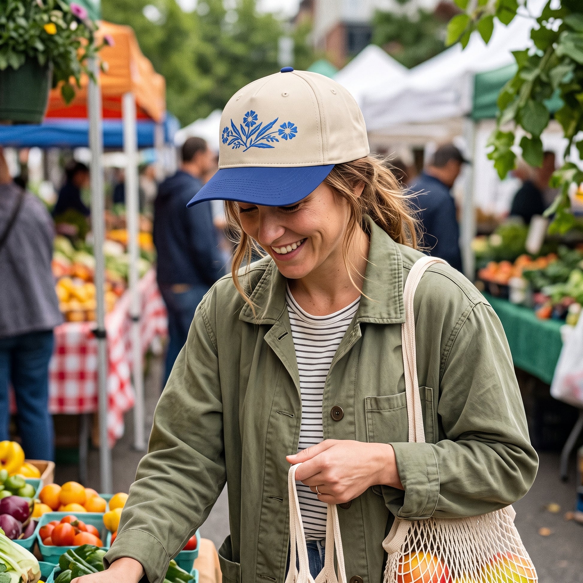 Classic CorningWare Pattern embroidered hat in Royal/natural worn lifestyle photo
