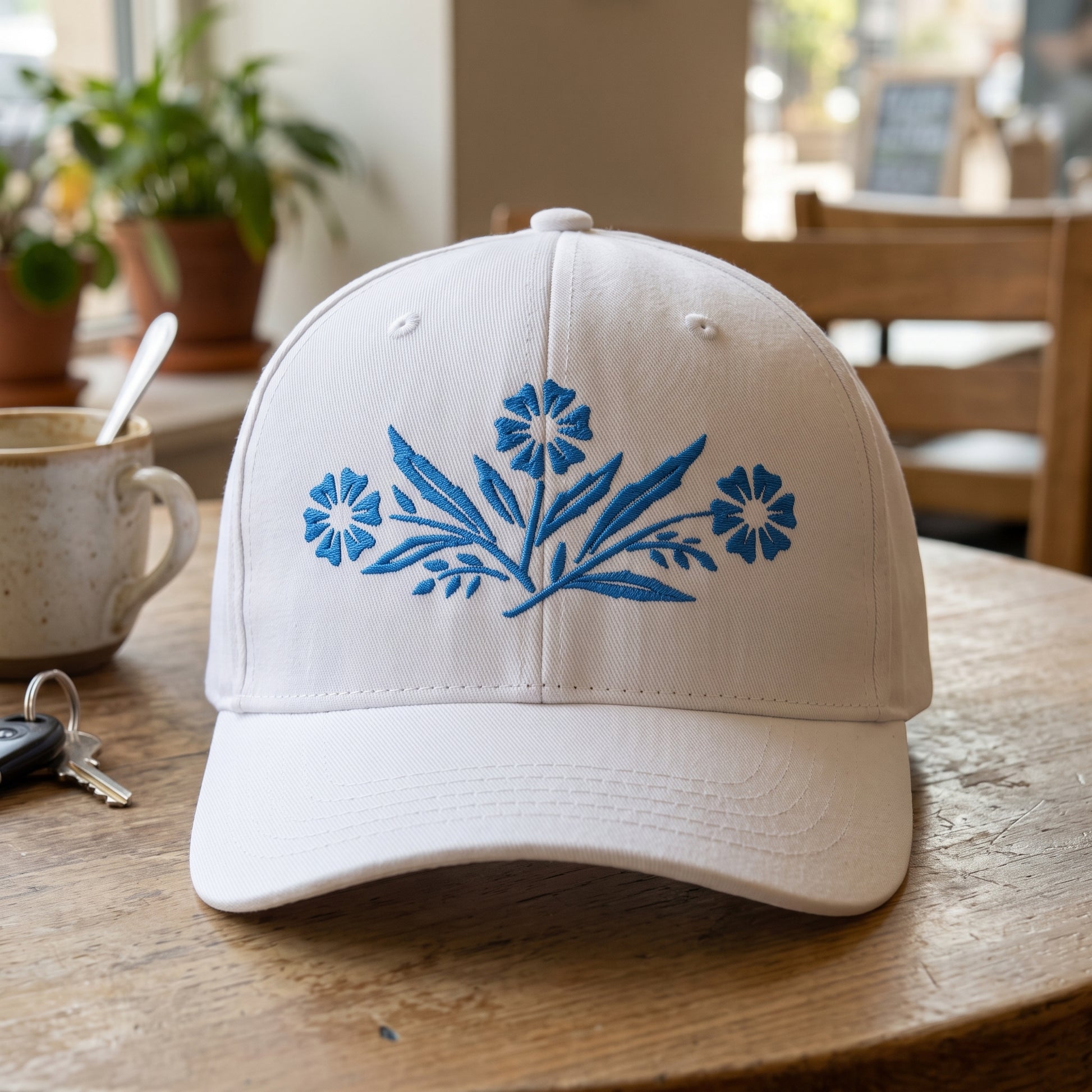 Classic CorningWare Pattern embroidered hat in White resting on a flat surface