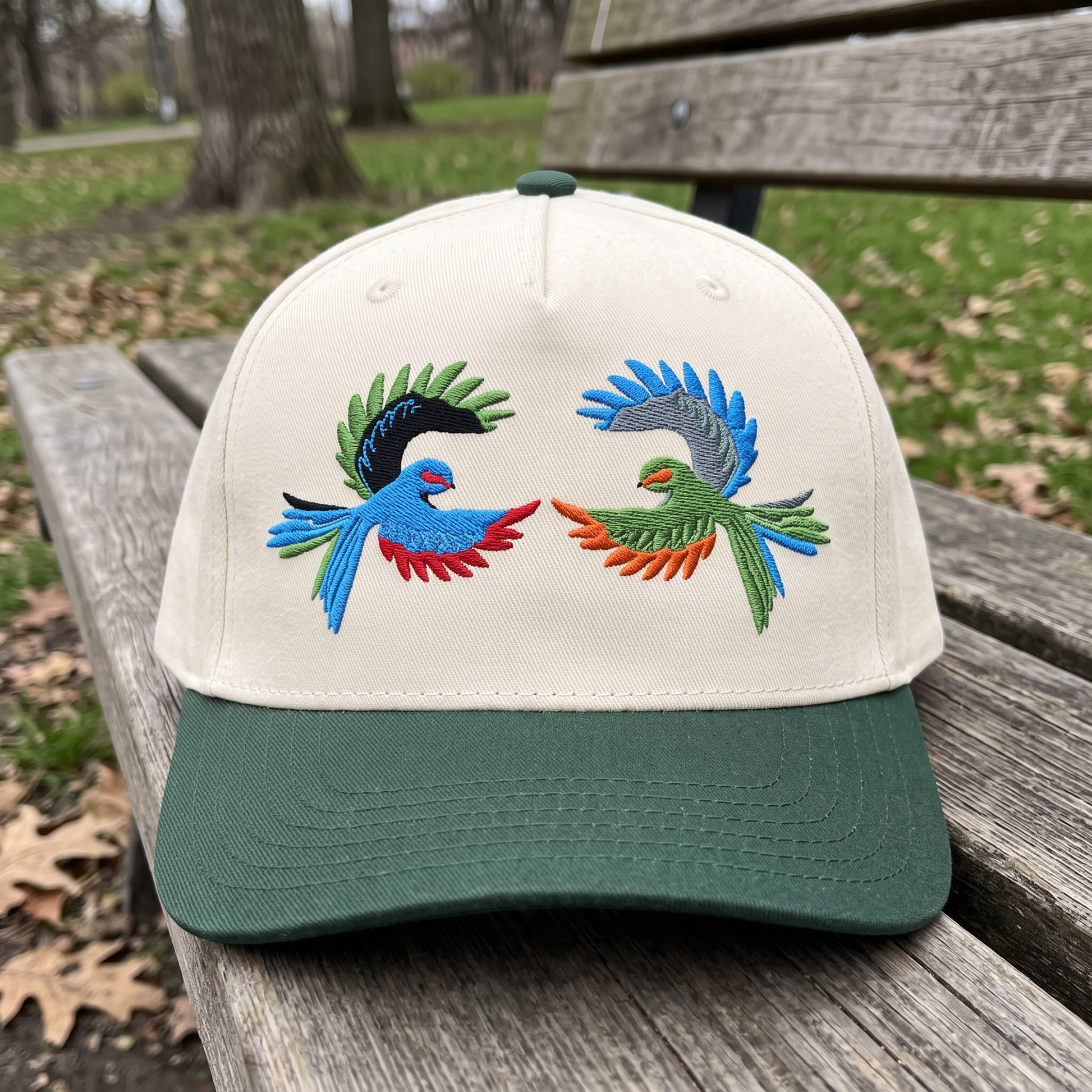 Colorful Tropical Bird embroidered hat in Dark Green/natural resting on a flat surface