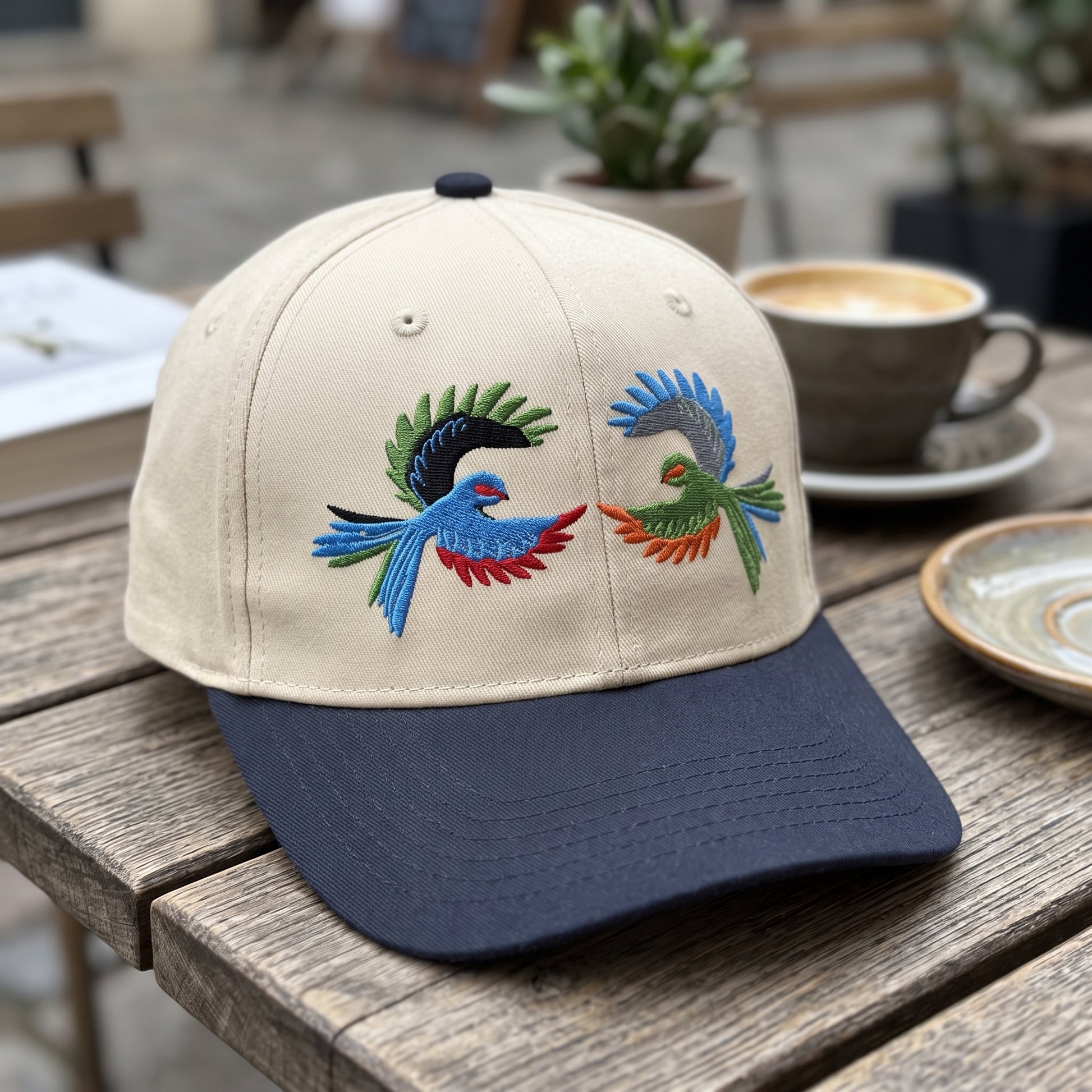 Colorful Tropical Bird embroidered hat in Navy/natural resting on a flat surface