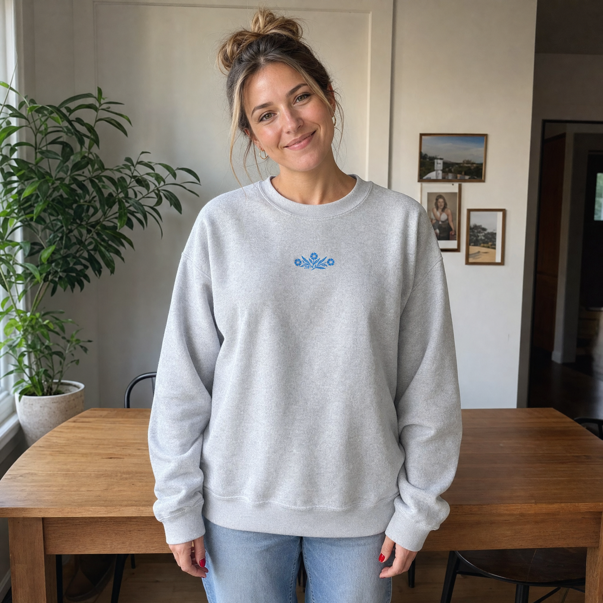 Model wearing the Cornflower Blue Flowers sweatshirt in Ash, cover image 1