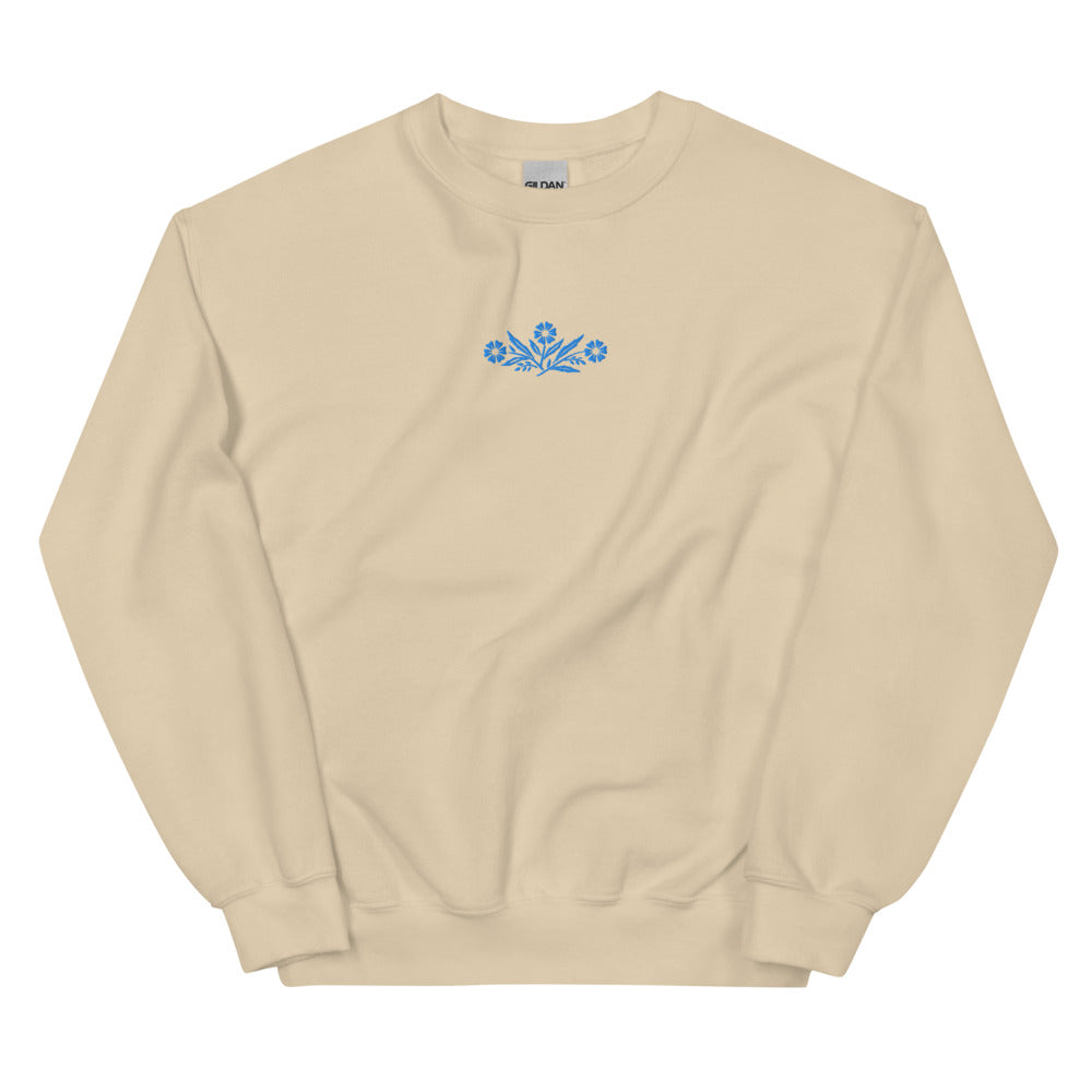 Cornflower Blue Flowers graphic on Gildan 18000 in Sand