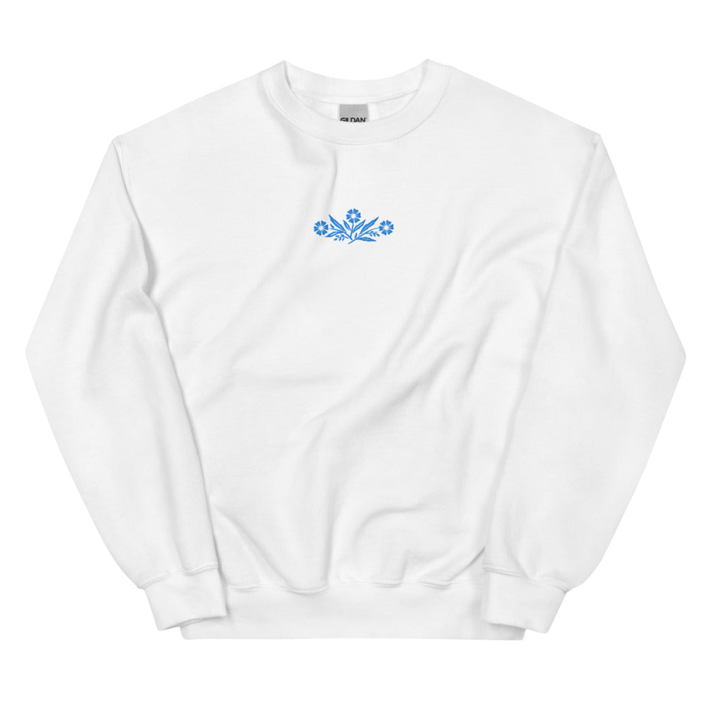 Cornflower Blue Flowers graphic on Gildan 18000 in White