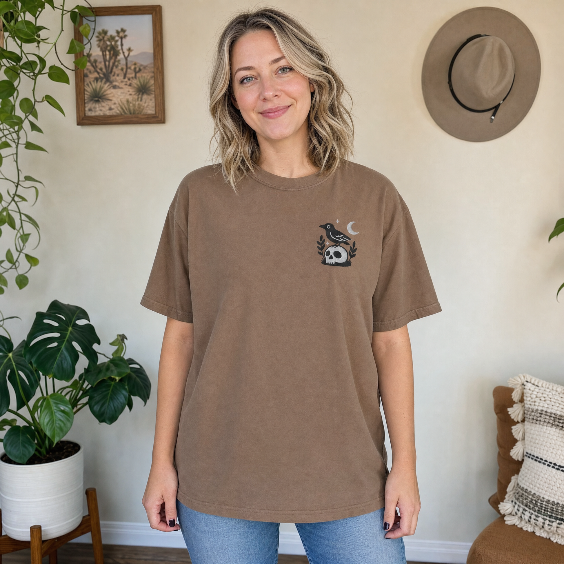 Model wearing the Crow on Skull comfort colors tee in Espresso, cover image 1