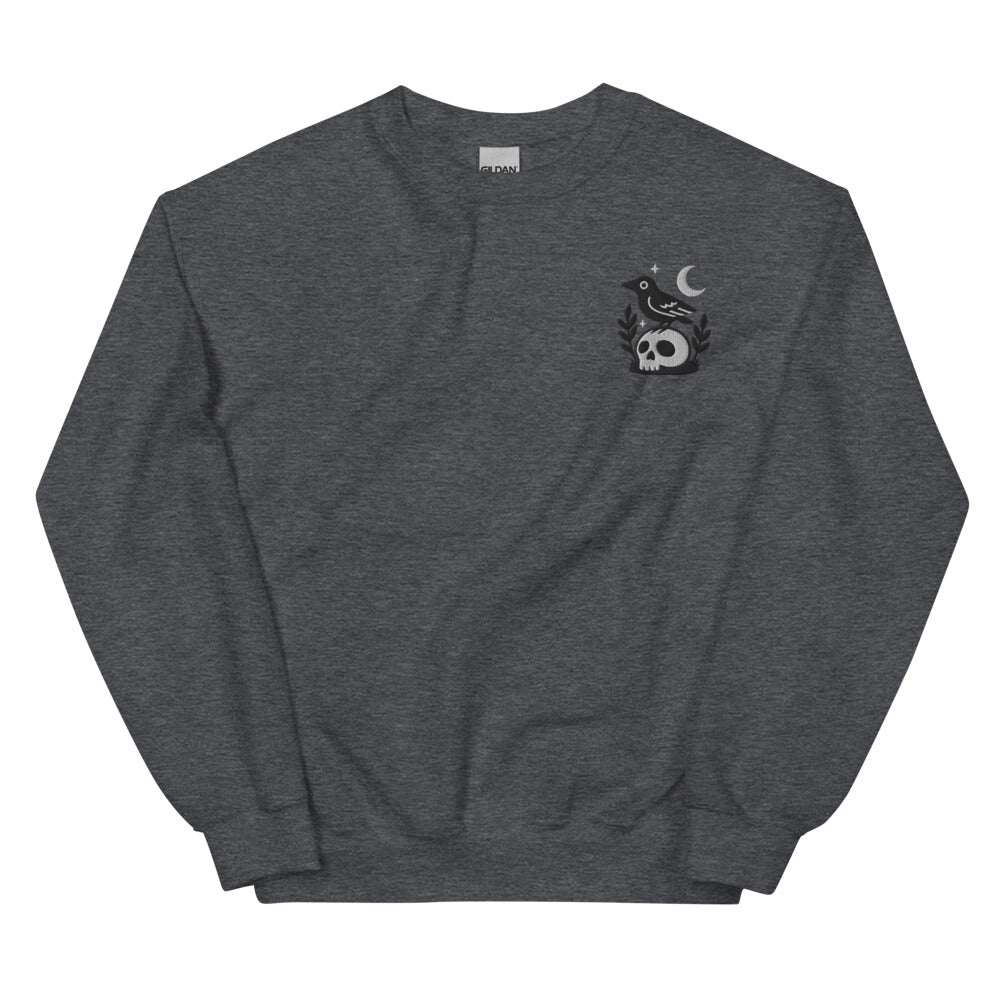 Crow on Skull graphic on Gildan 18000 in Dark Heather