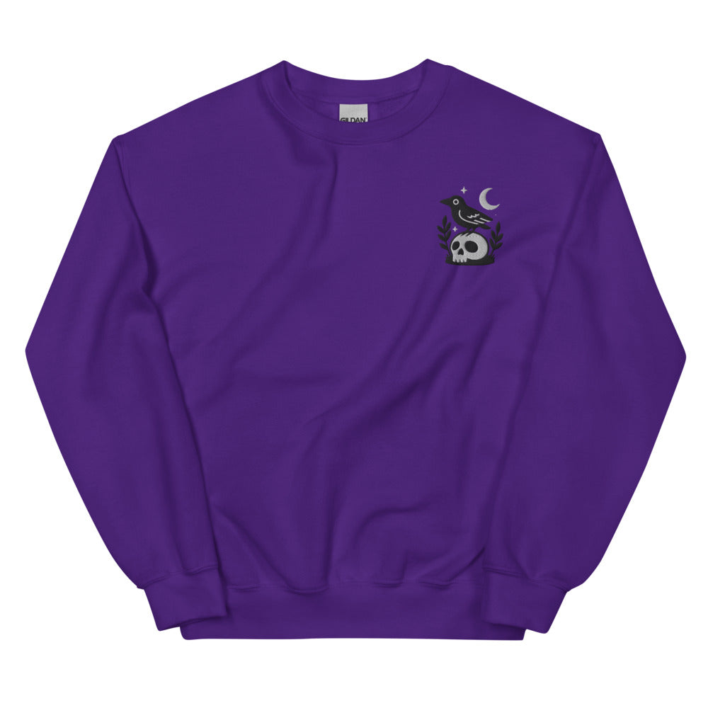 Crow on Skull graphic on Gildan 18000 in Purple