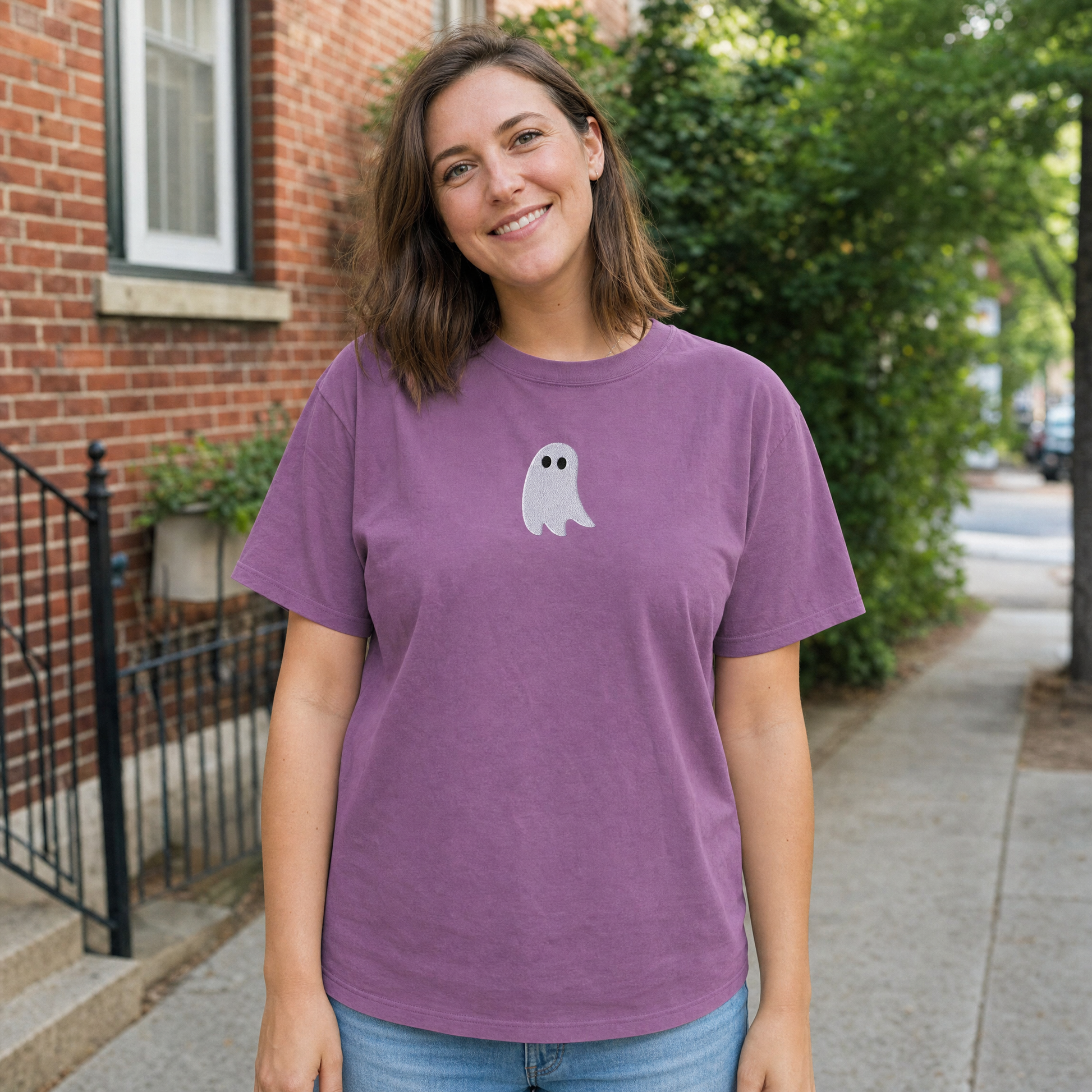 Model wearing the Cute Ghost comfort colors tee in Berry, lifestyle image 1