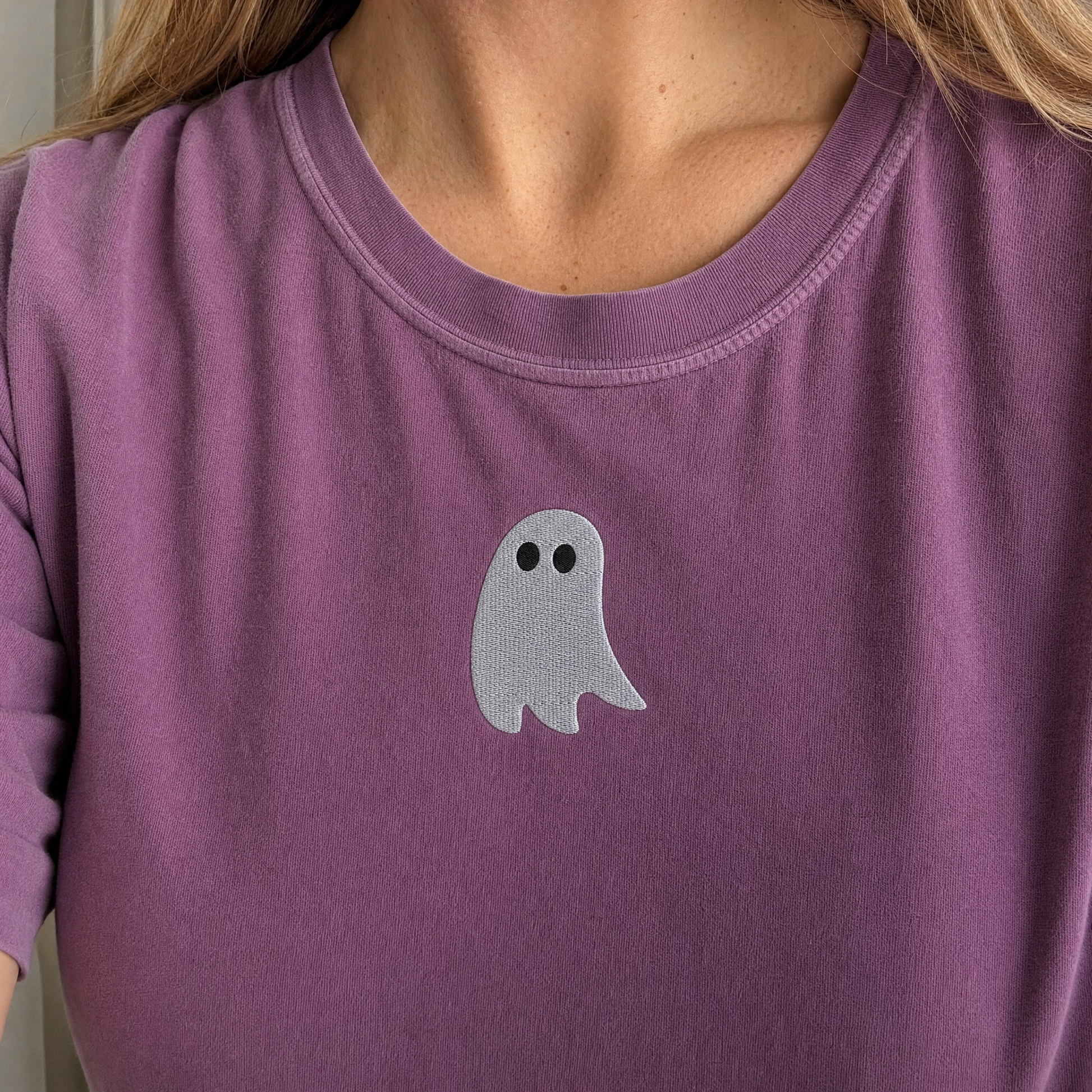 Model wearing the Cute Ghost comfort colors tee in Berry, lifestyle image 2