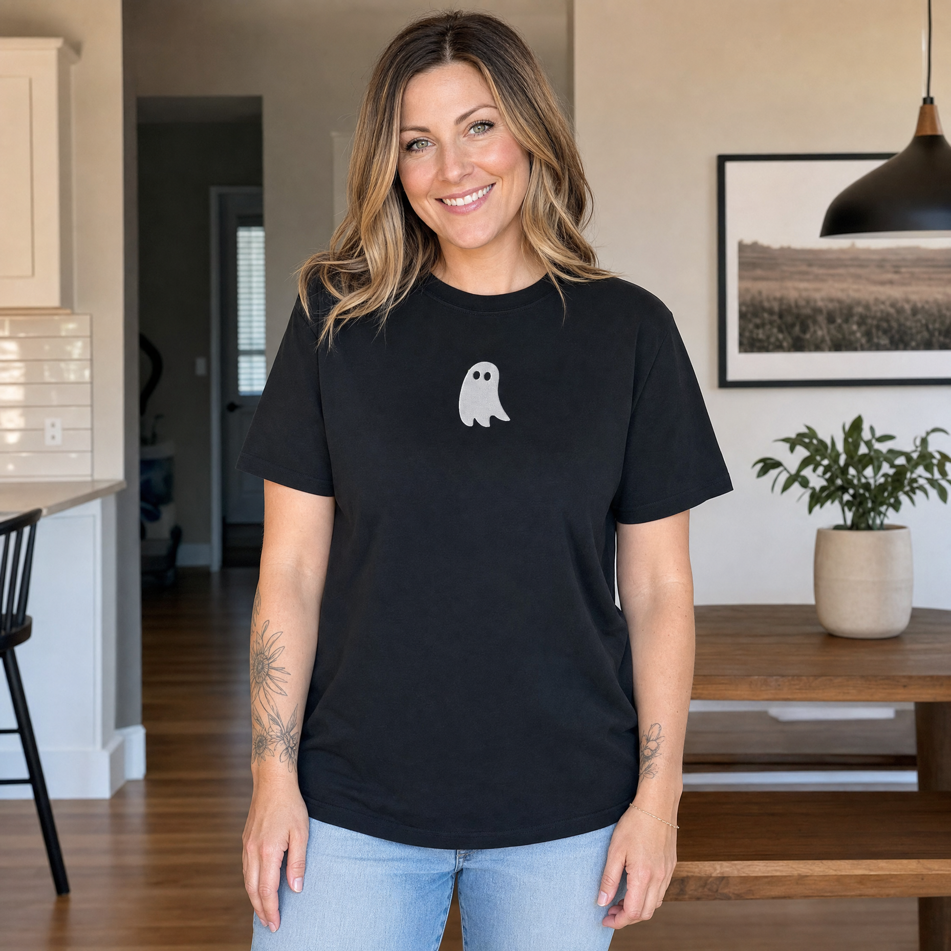 Model wearing the Cute Ghost comfort colors tee in Black, lifestyle image 1
