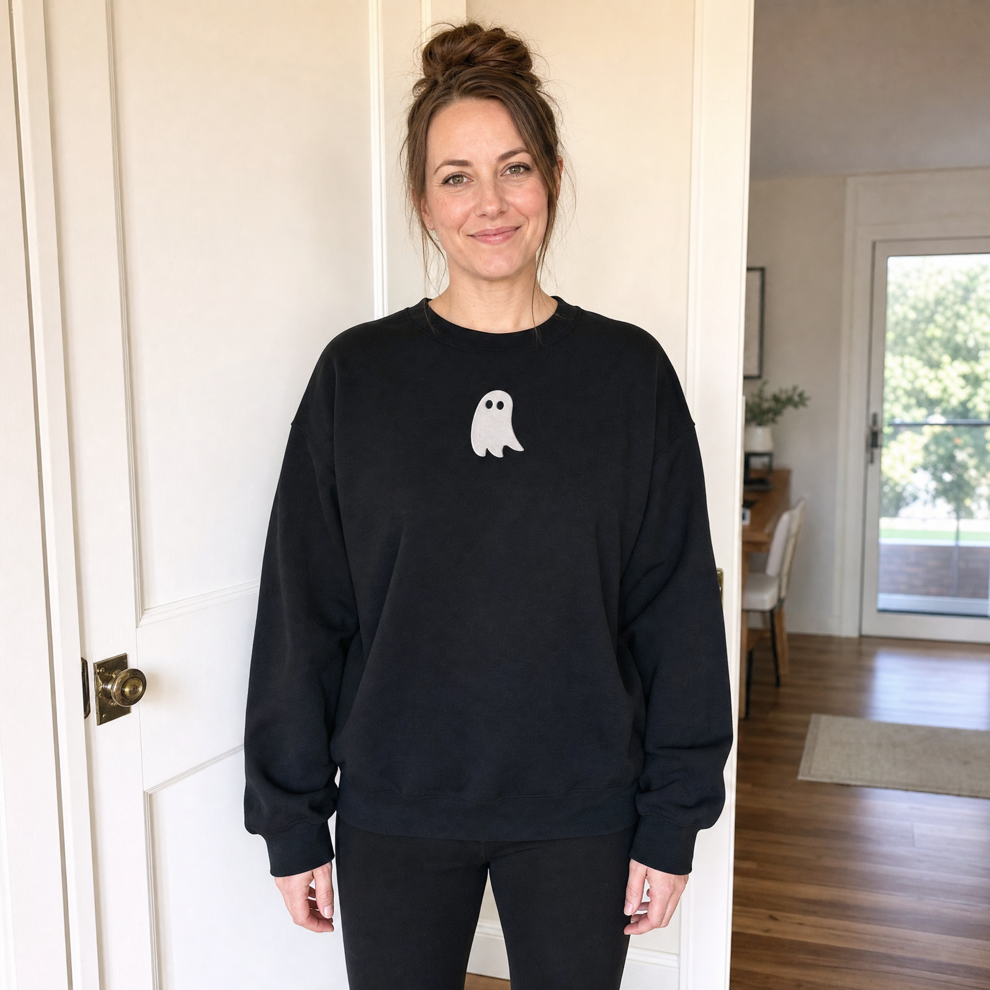 Model wearing the Cute Ghost sweatshirt in Black, cover image 1