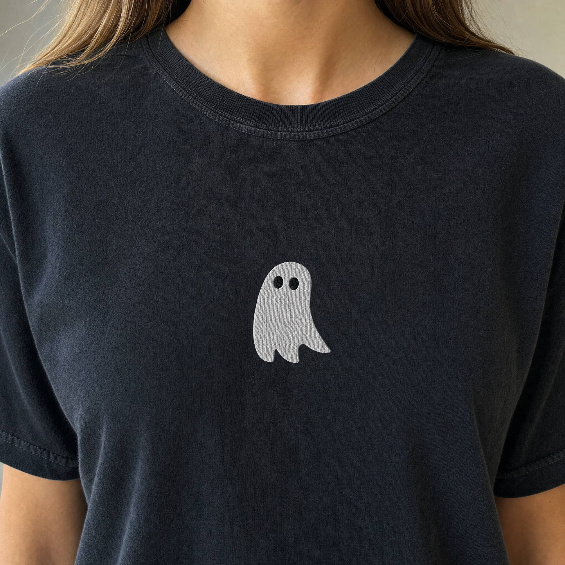 Model wearing the Cute Ghost comfort colors tee in Black, lifestyle image 2