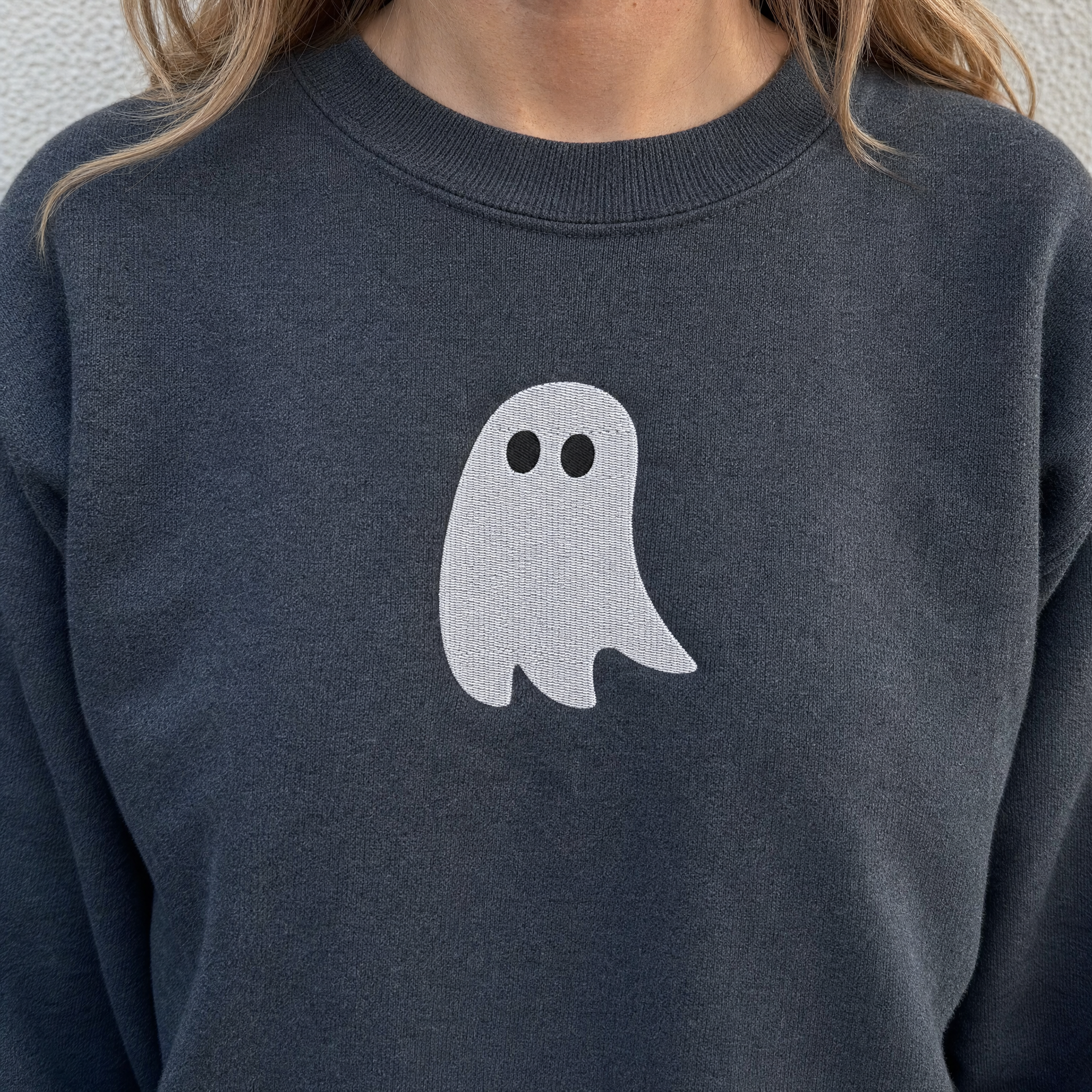 Model wearing the Cute Ghost sweatshirt in Dark Heather, lifestyle image 2