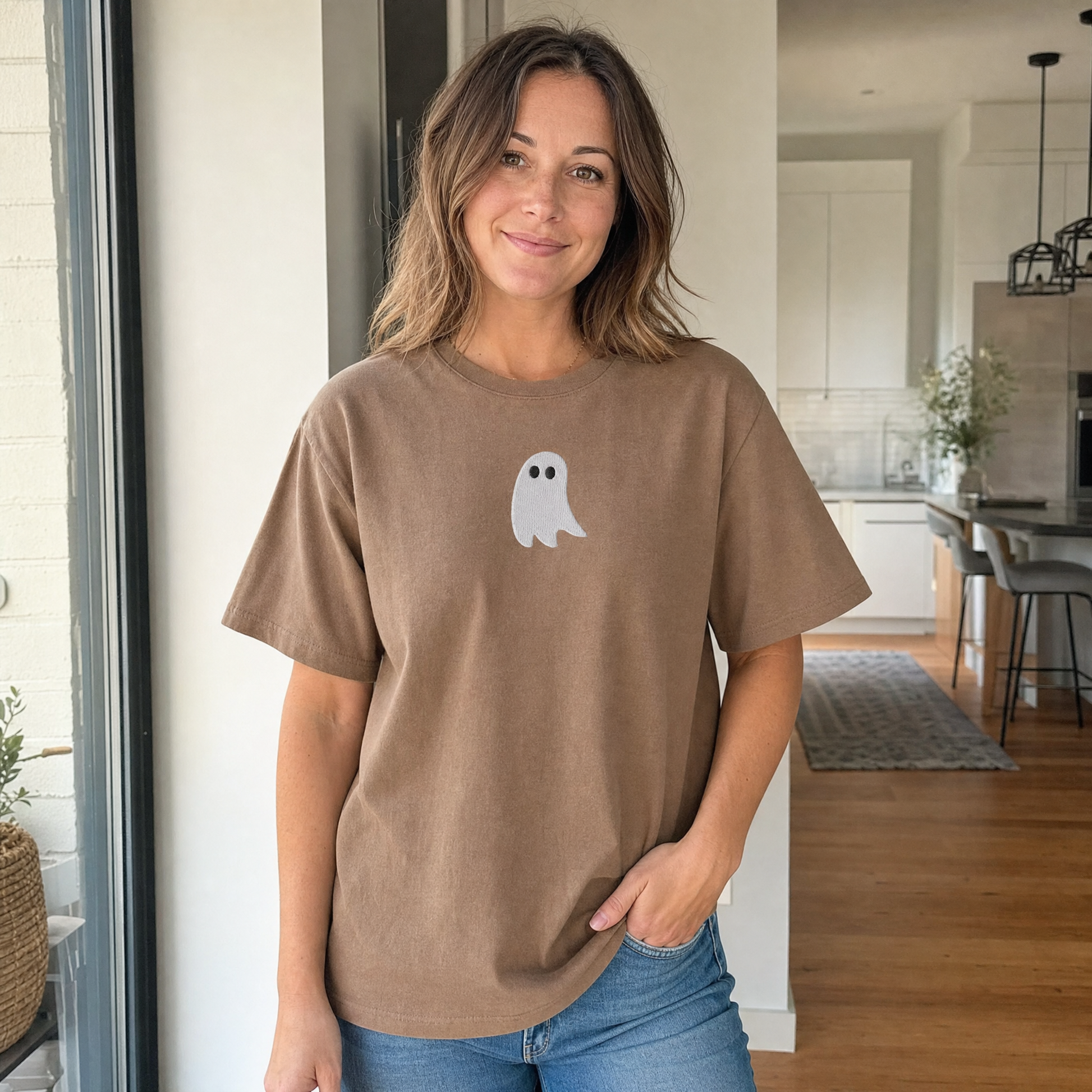 Model wearing the Cute Ghost comfort colors tee in Espresso, lifestyle image 1