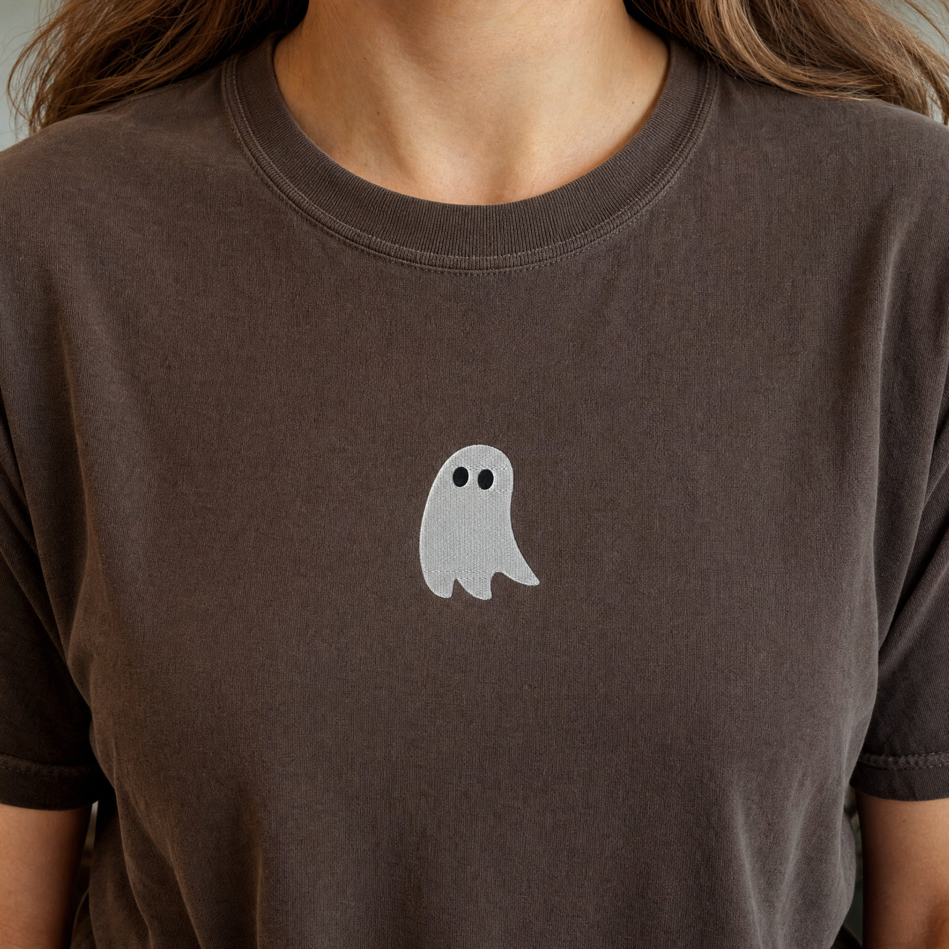 Model wearing the Cute Ghost comfort colors tee in Espresso, lifestyle image 2