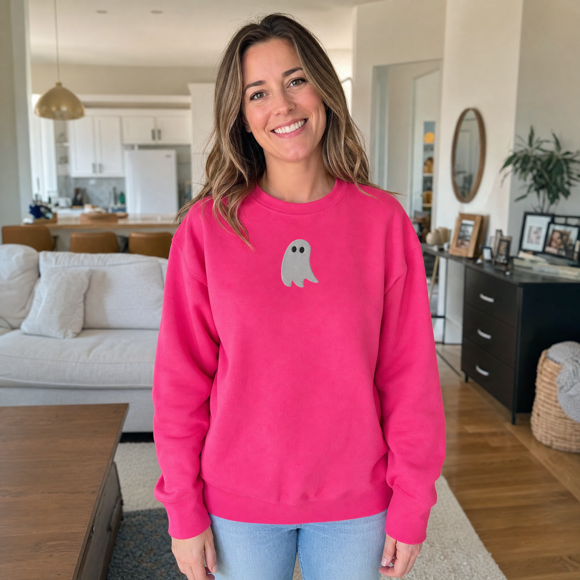 Model wearing the Cute Ghost sweatshirt in Heliconia, lifestyle image 1
