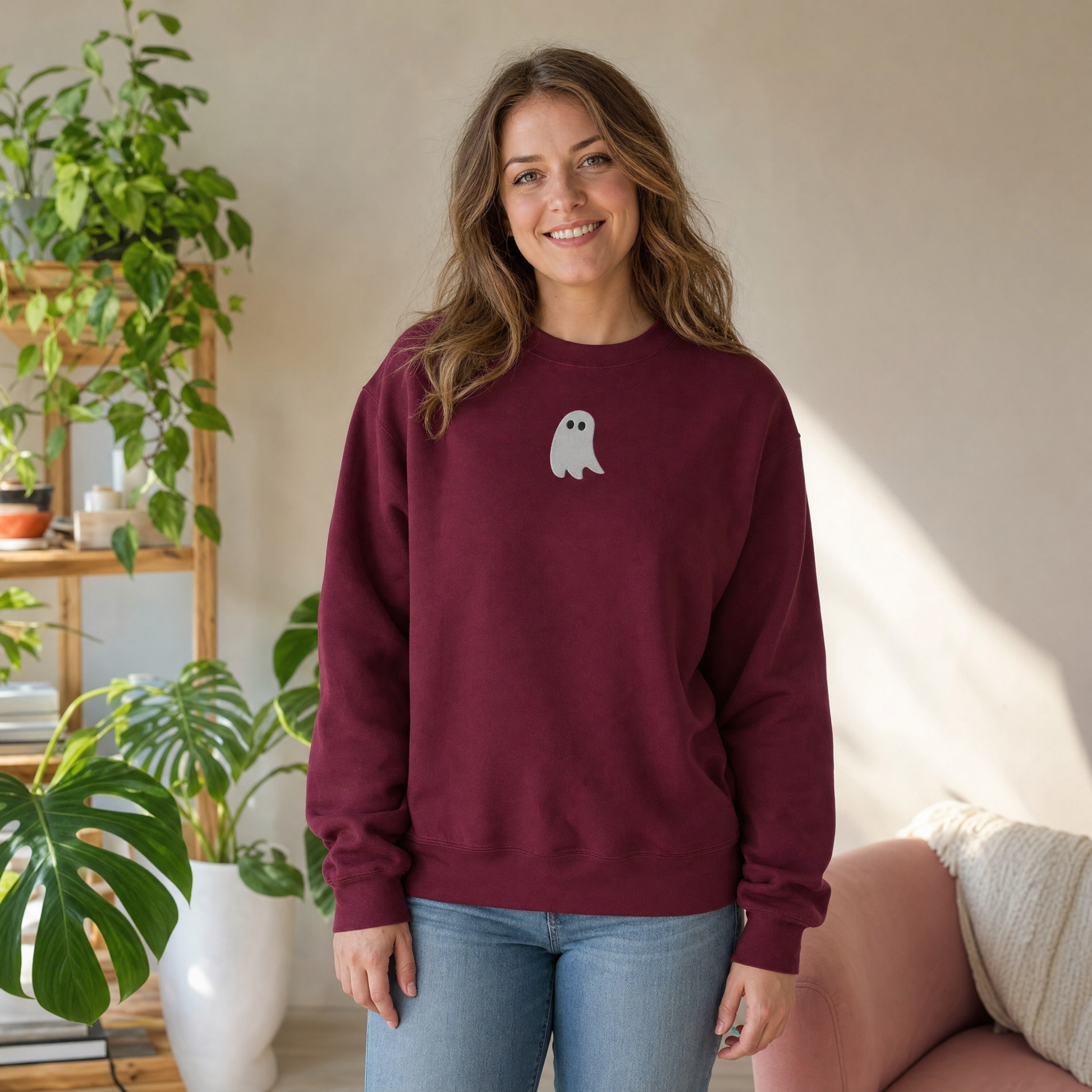 Model wearing the Cute Ghost sweatshirt in Maroon, lifestyle image 1