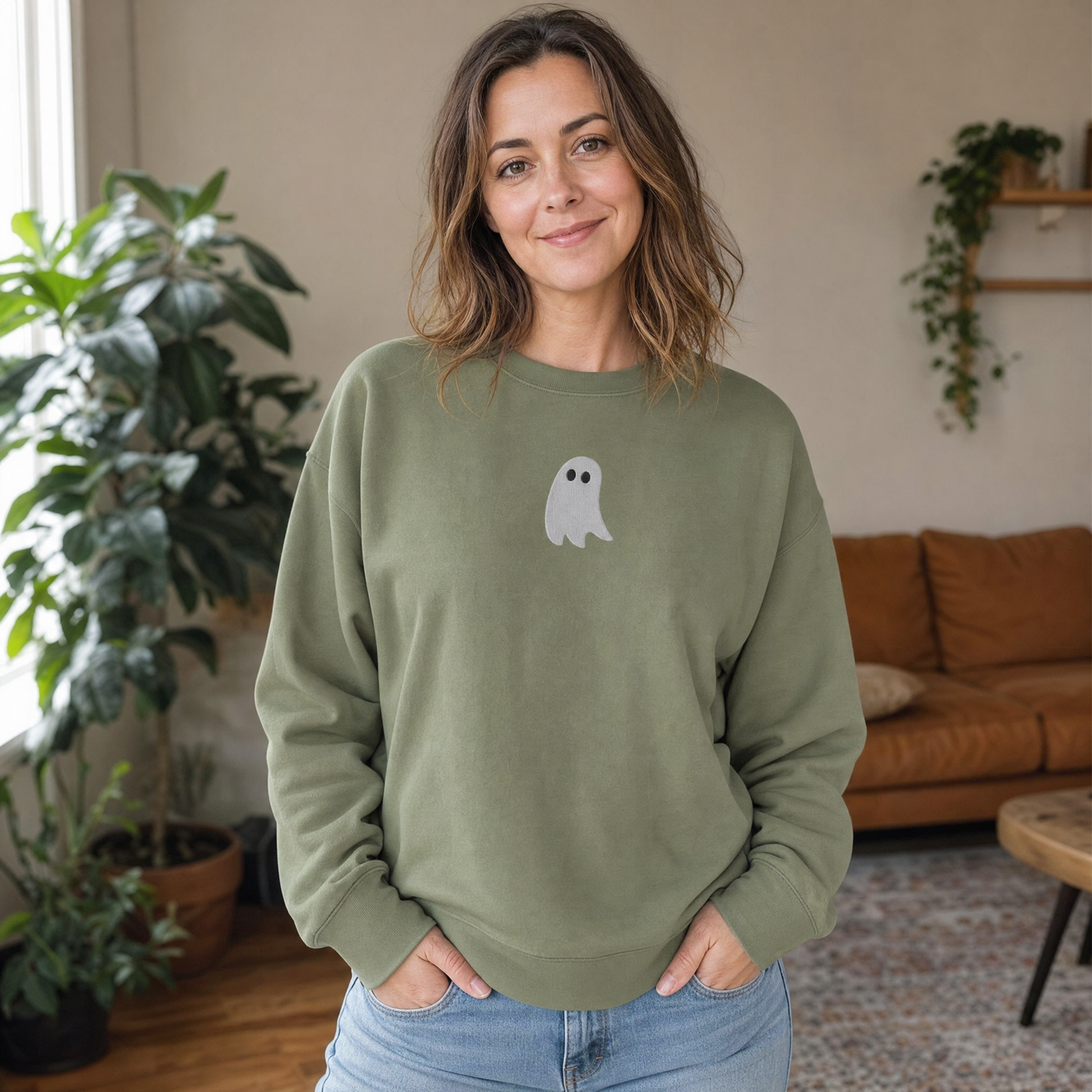 Model wearing the Cute Ghost sweatshirt in Military Green, lifestyle image 1