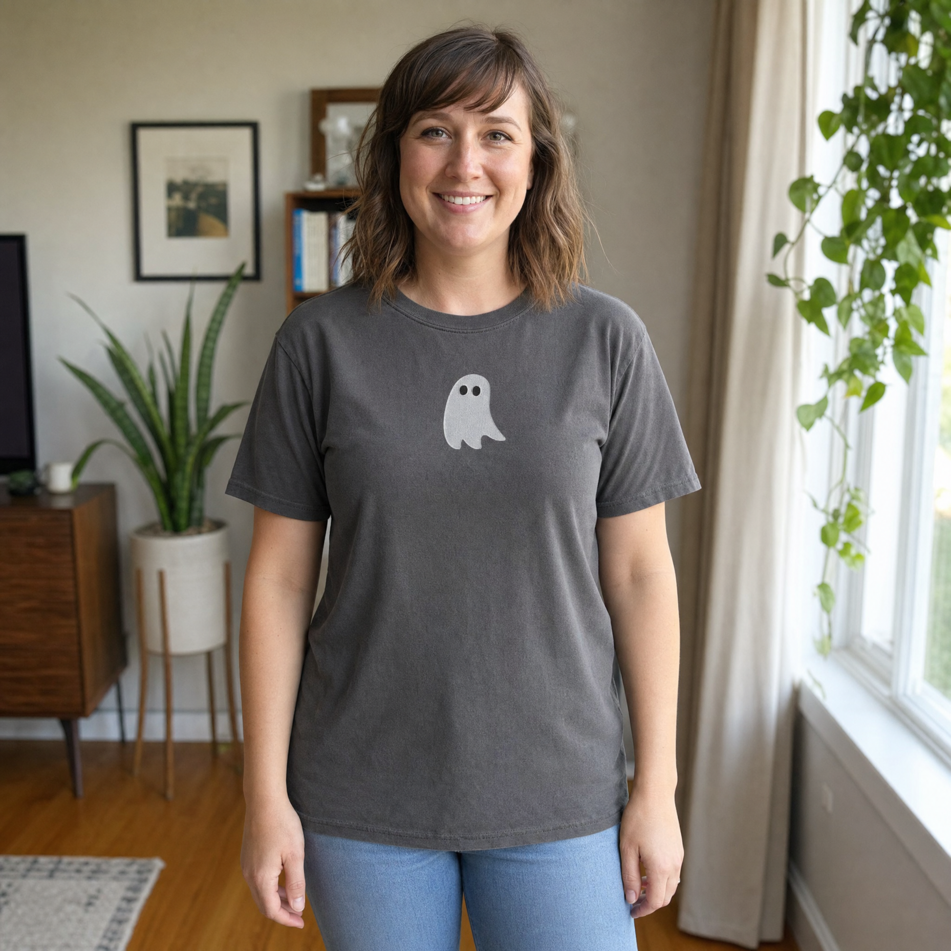 Model wearing the Cute Ghost comfort colors tee in Pepper, lifestyle image 1