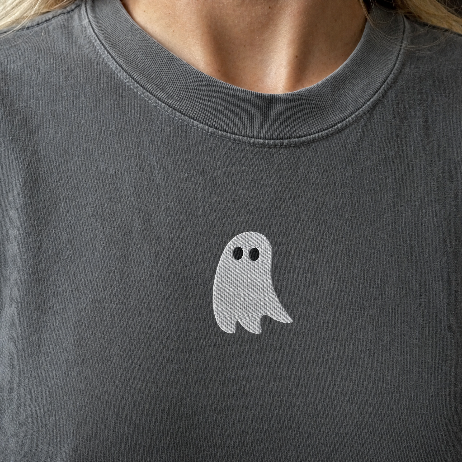 Model wearing the Cute Ghost comfort colors tee in Pepper, lifestyle image 2