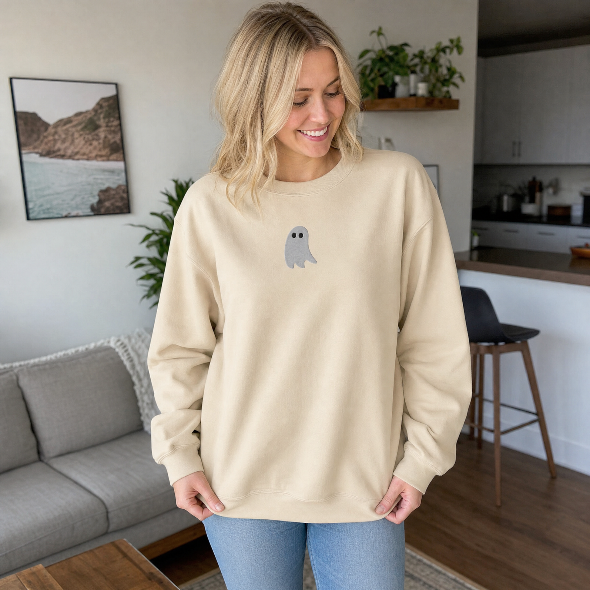 Model wearing the Cute Ghost sweatshirt in Sand, lifestyle image 1