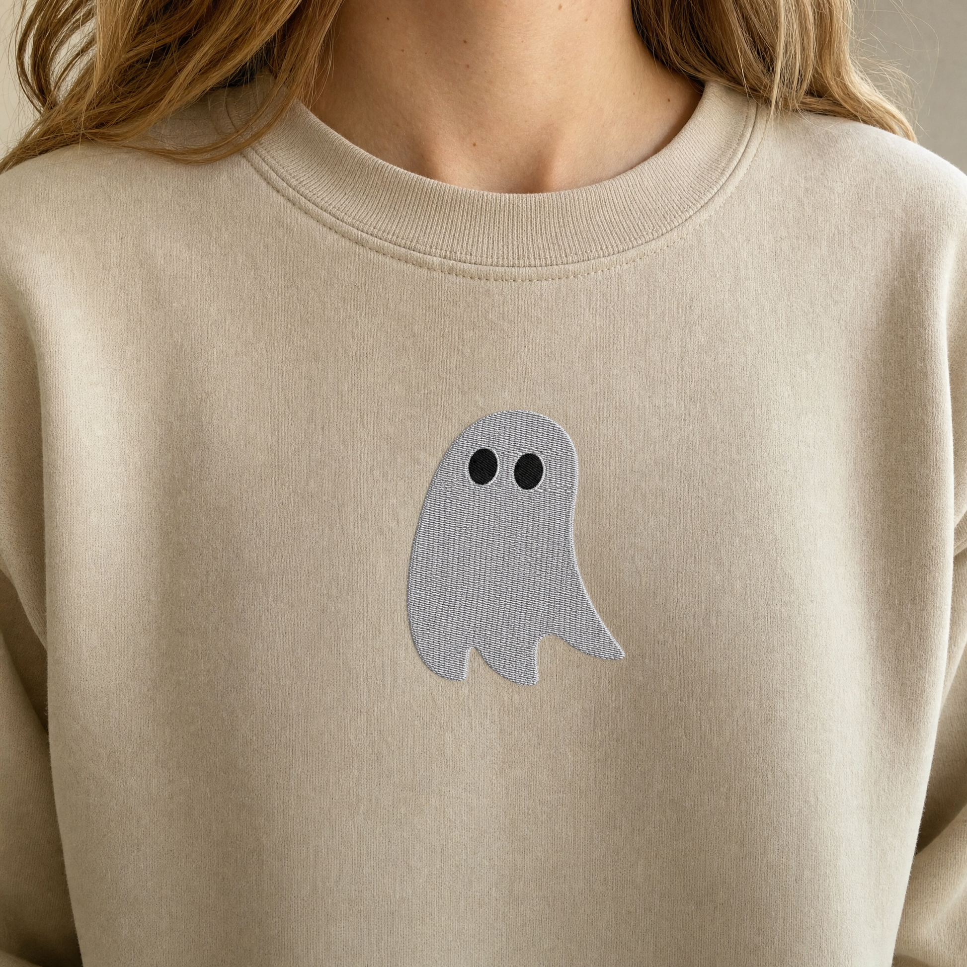 Model wearing the Cute Ghost sweatshirt in Sand, lifestyle image 2