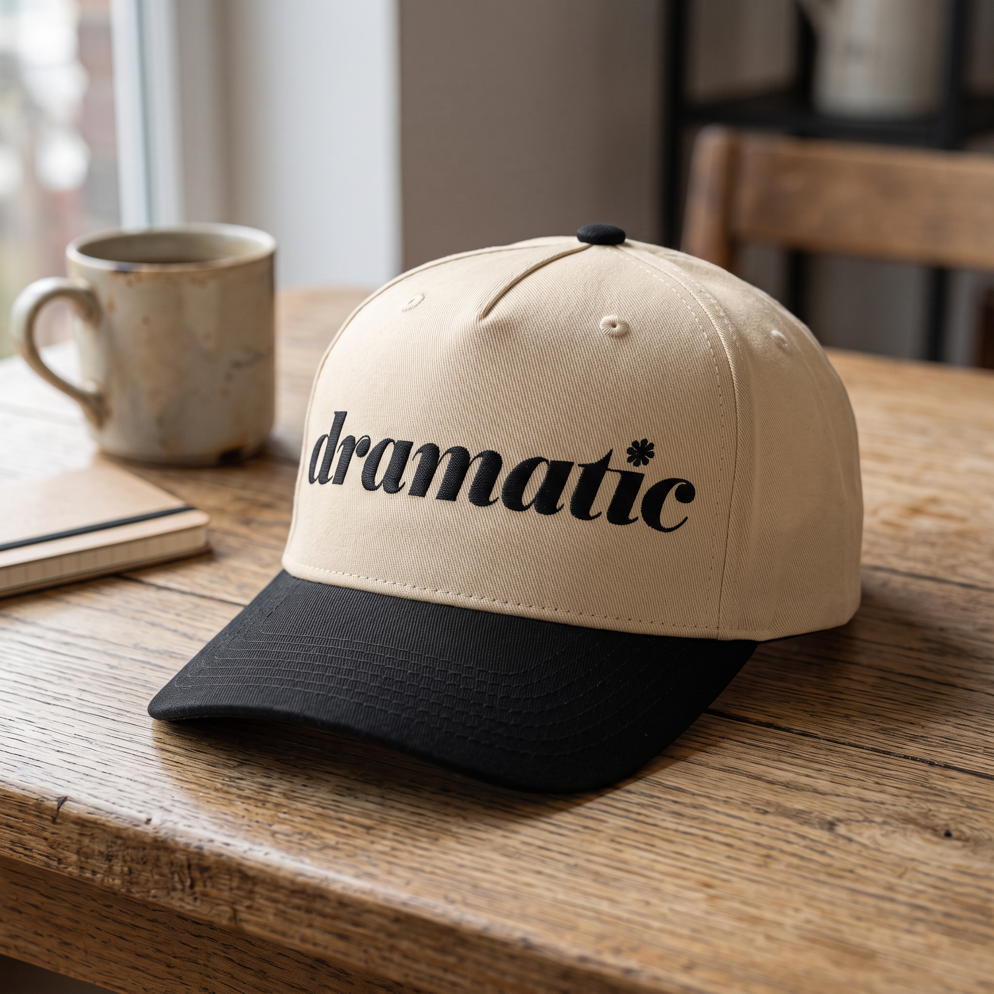 Dramatic Text embroidered hat in Black/natural resting on a flat surface
