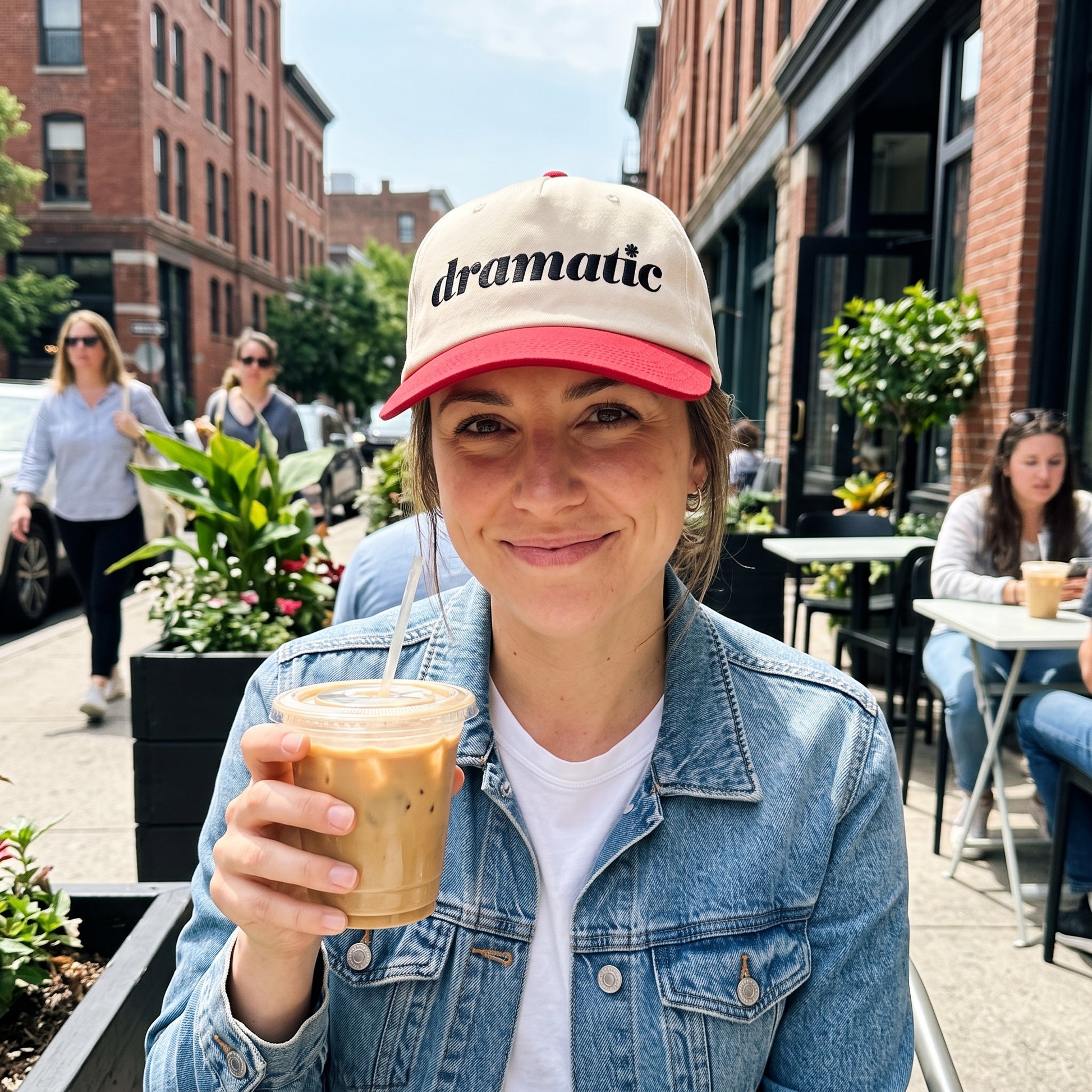 Dramatic Text embroidered hat in Red/natural worn lifestyle photo