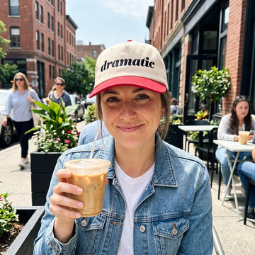 Dramatic Text embroidered hat in Red/natural worn lifestyle photo