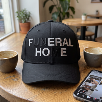 Feral Hoe Play on Words embroidered hat in Black resting on a flat surface