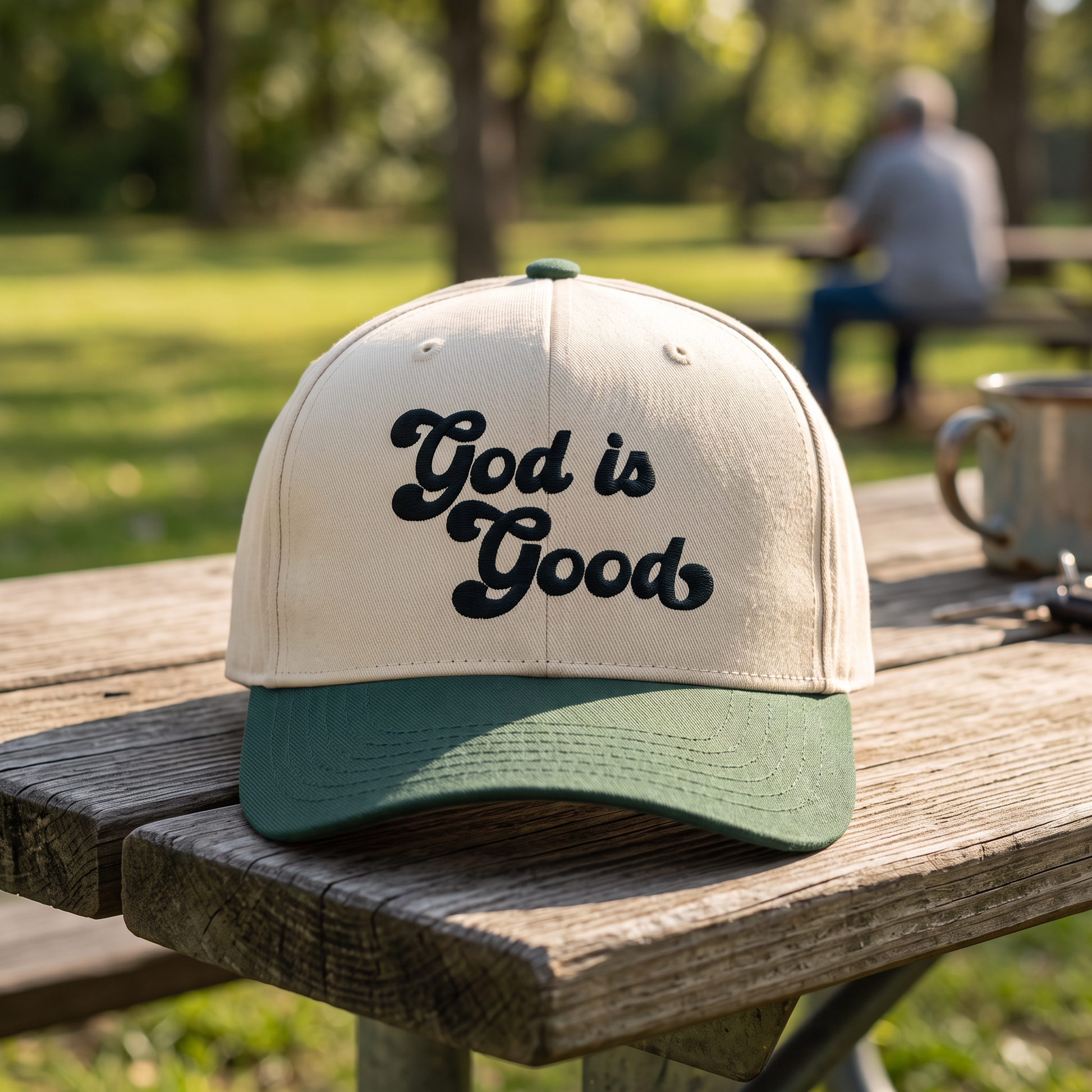 God is Good embroidered hat in Dark Green/natural resting on a flat surface