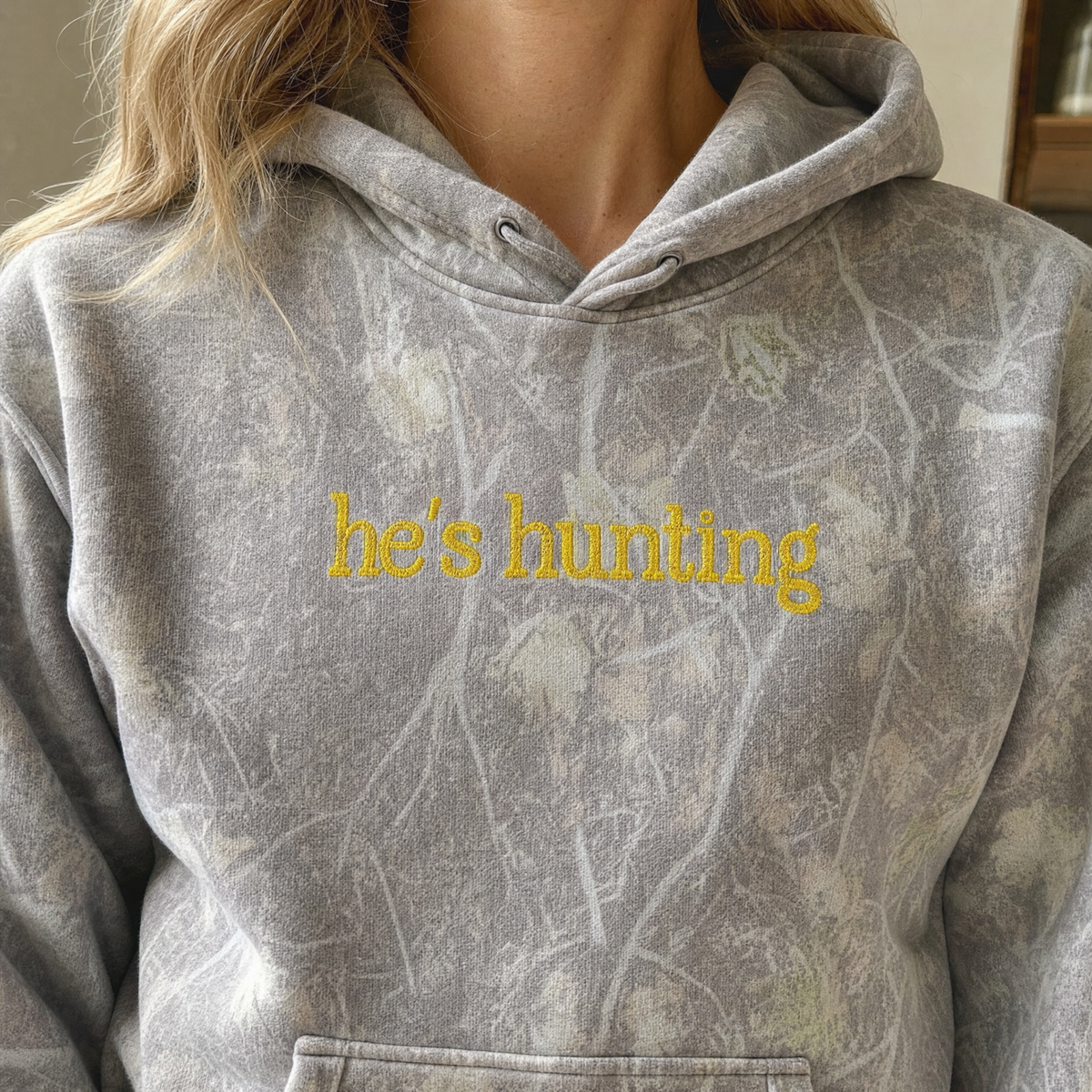 Model wearing the He's Hunting heavyweight hoodie in Deadwood Tree Camo, lifestyle image 2