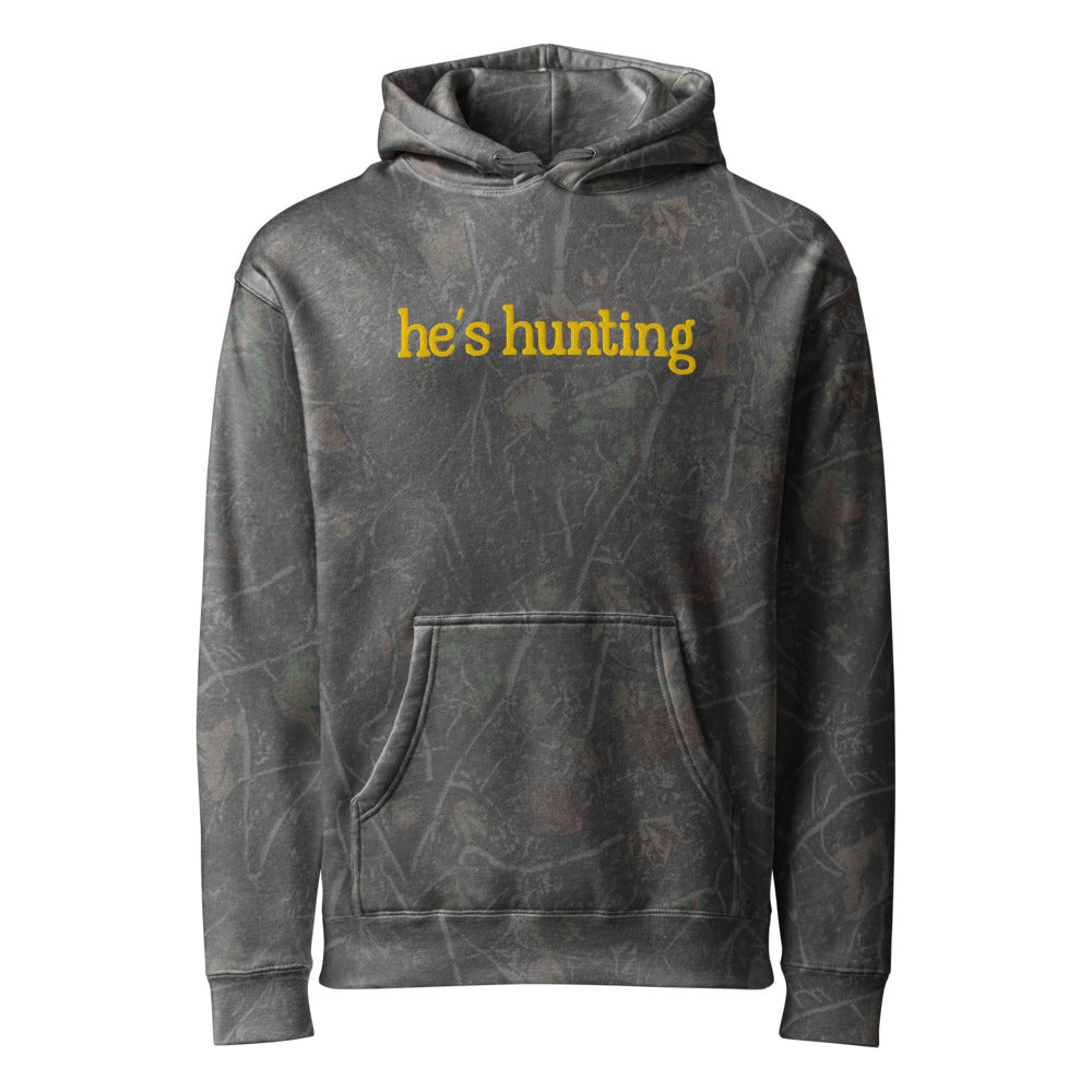 He's Hunting graphic on Independent Trading Co. IND4000 in Darkwood Tree Camo