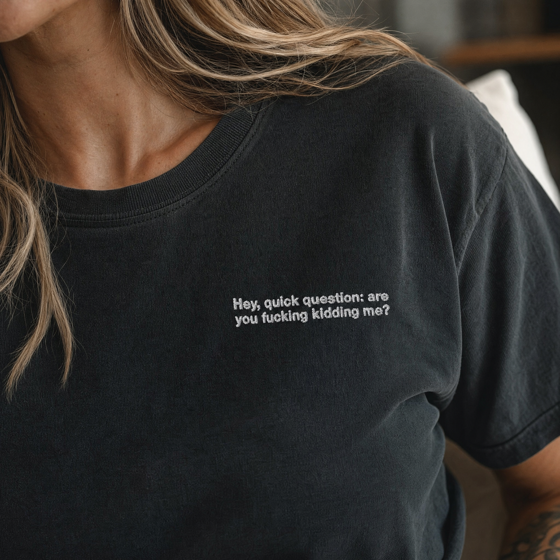 Model wearing the Hey Quick Question comfort colors tee in Black, lifestyle image 2