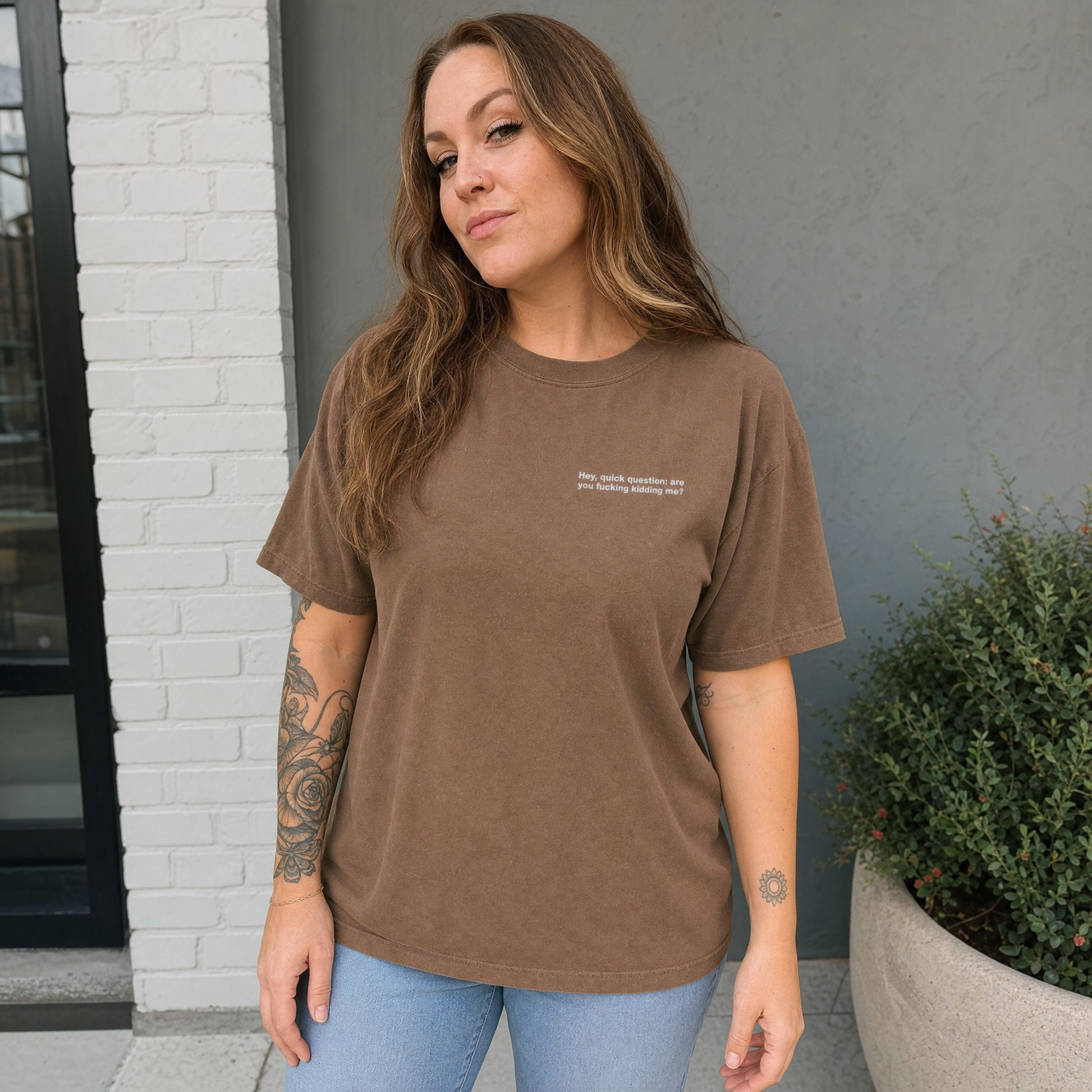 Model wearing the Hey Quick Question comfort colors tee in Espresso, lifestyle image 1