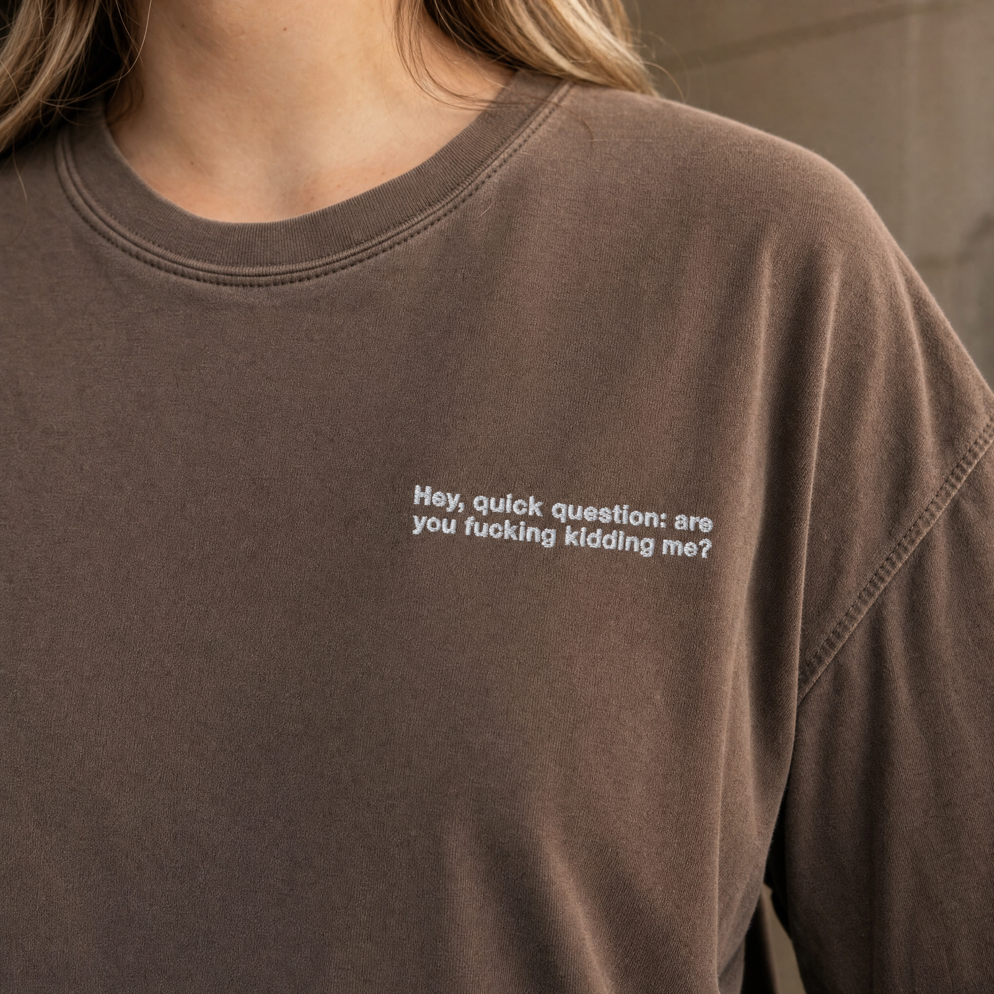 Model wearing the Hey Quick Question comfort colors tee in Espresso, lifestyle image 2