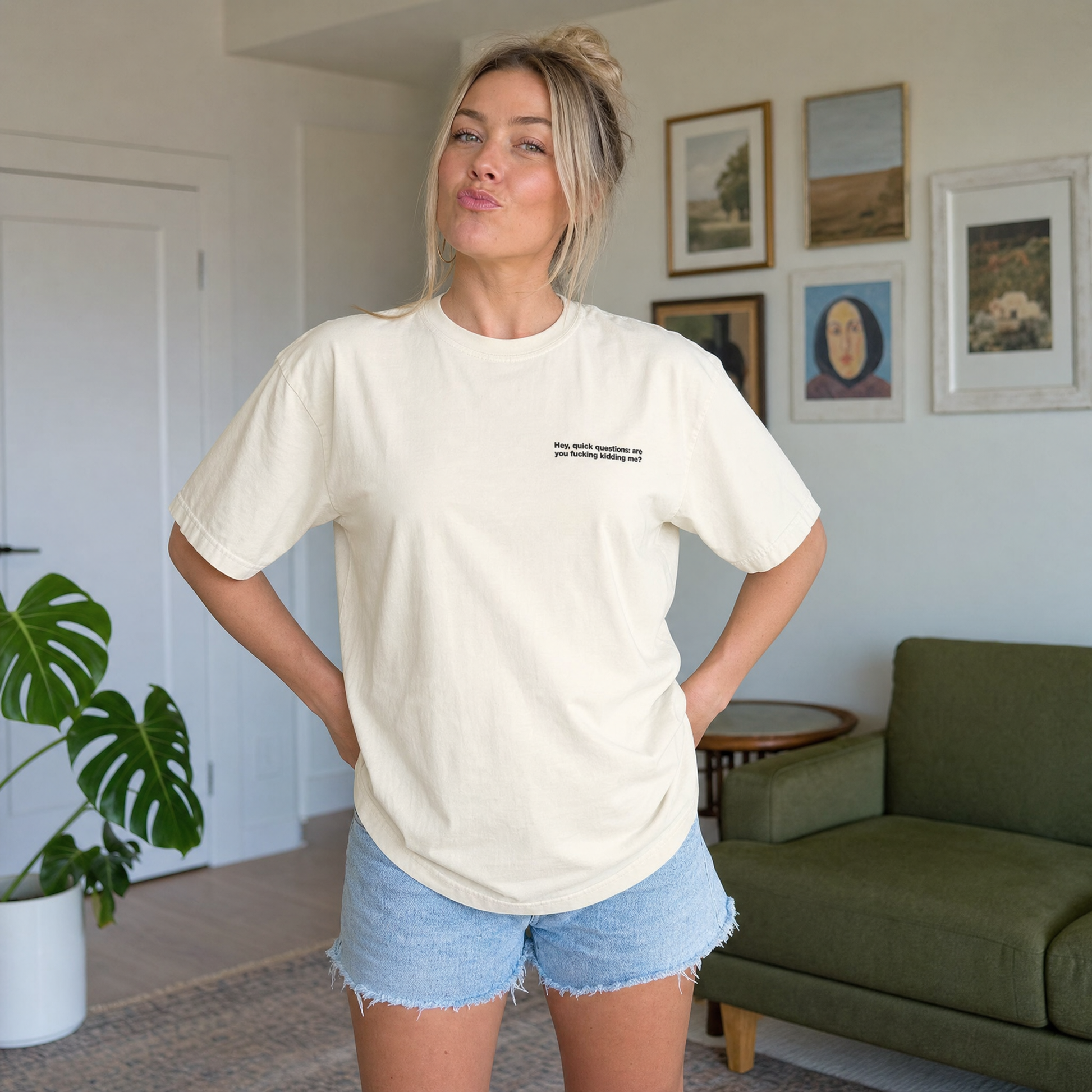 Model wearing the Hey Quick Question comfort colors tee in Ivory, lifestyle image 1