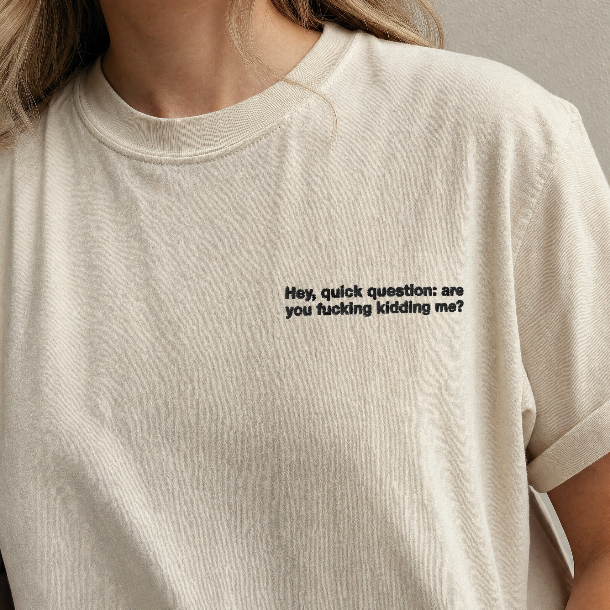 Model wearing the Hey Quick Question comfort colors tee in Ivory, lifestyle image 2