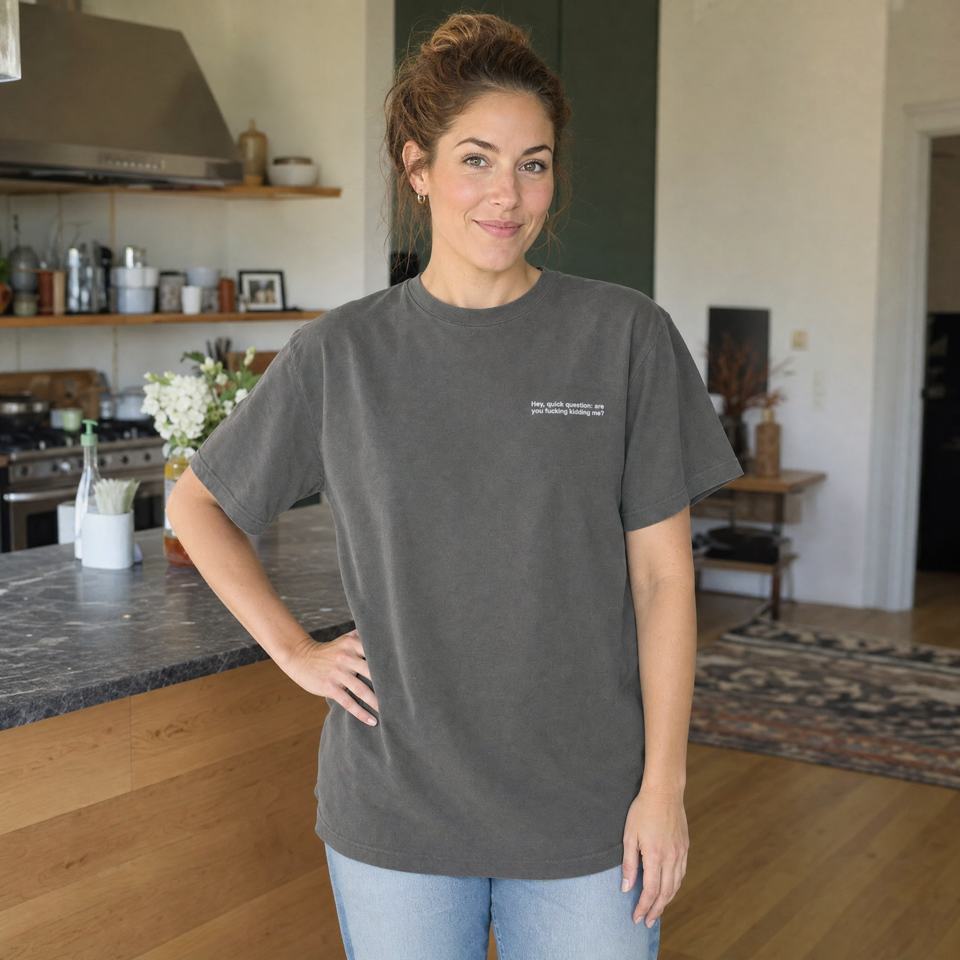 Model wearing the Hey Quick Question comfort colors tee in Pepper, cover image 1