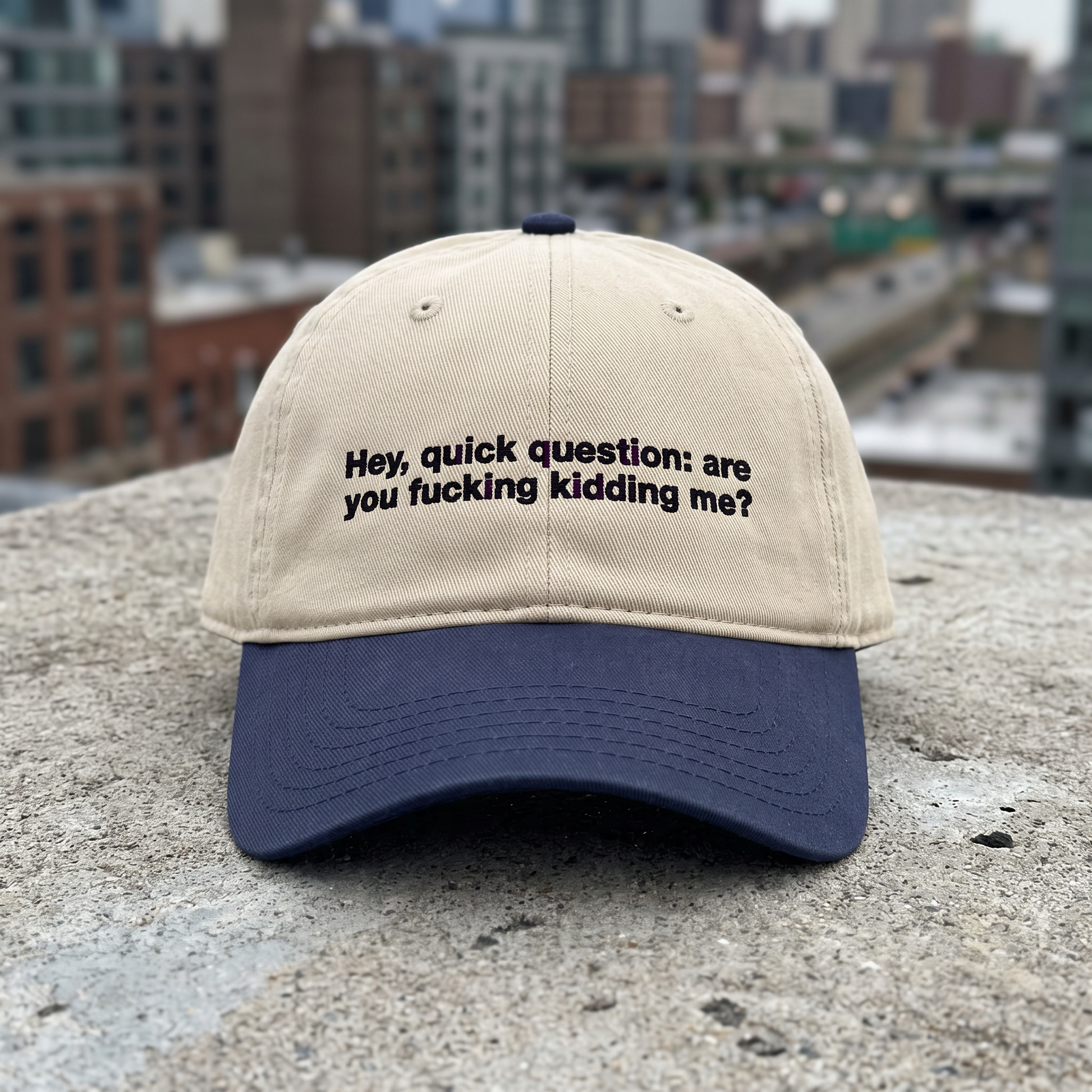 Hey Quick Question embroidered hat in Navy/khaki resting on a flat surface, lifestyle image 1