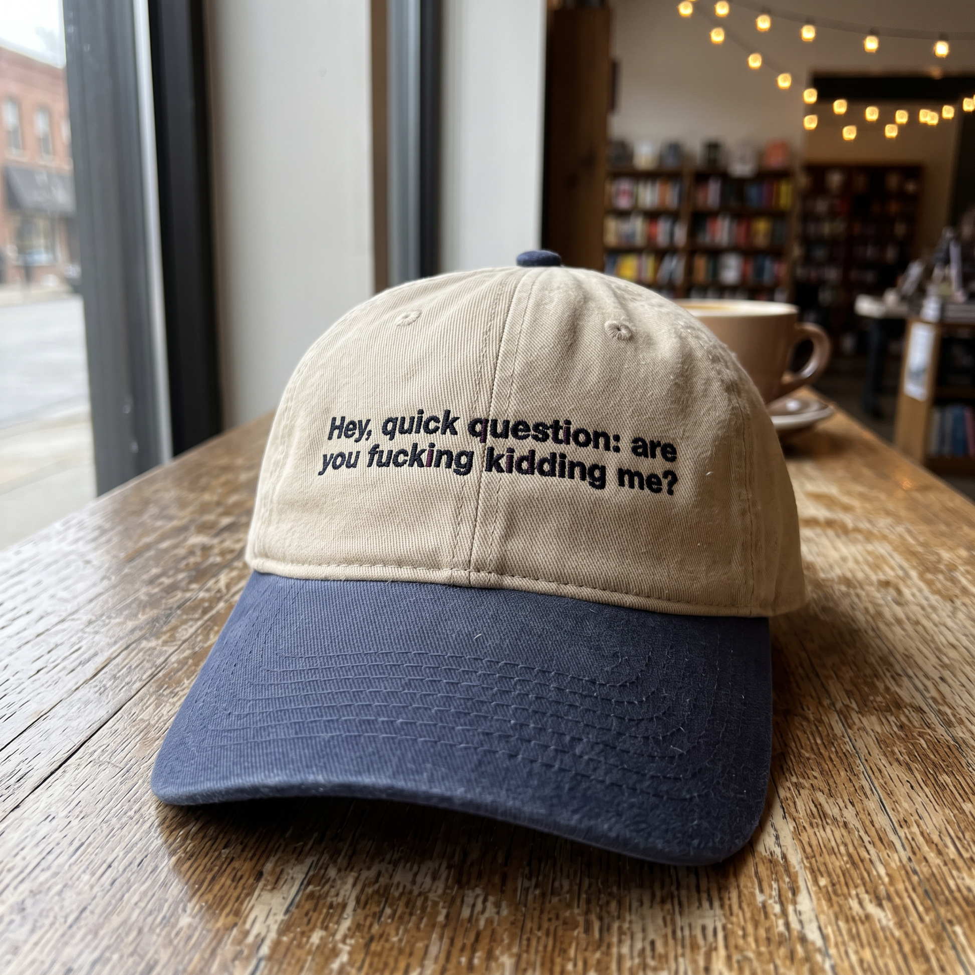 Hey Quick Question embroidered hat in Navy/khaki resting on a flat surface, lifestyle image 2